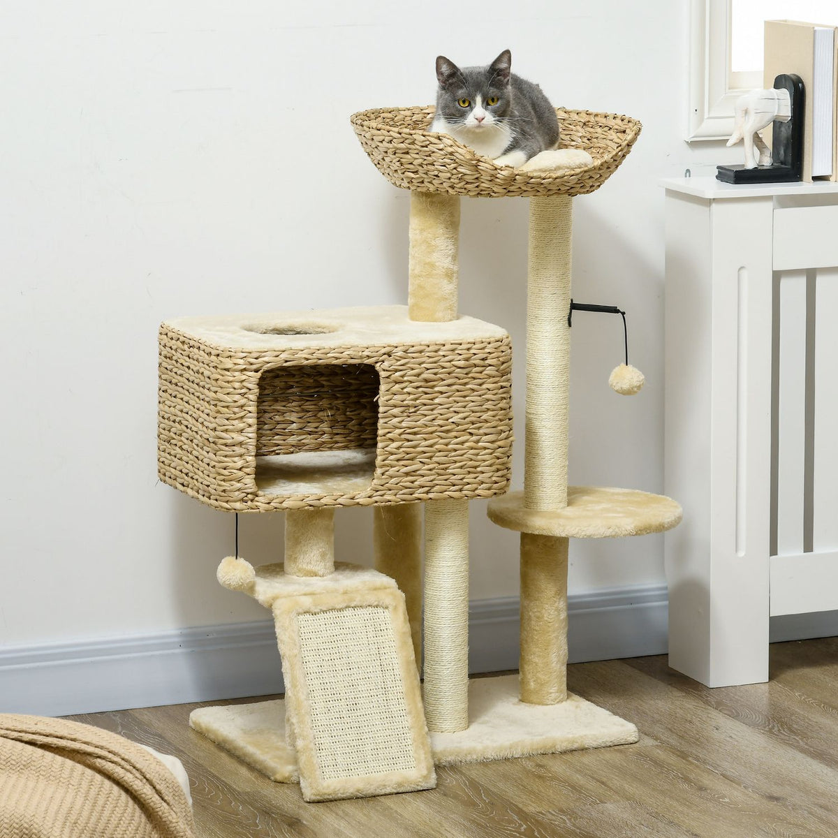 Arbre à chat 98cm avec sisal, 2 couchages, balle de jeu, beige