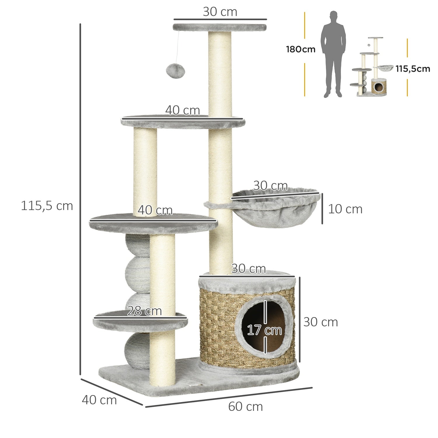 Kattträd med grotta & hängmatta, 115,5 cm jutestolpar, ljusgrå