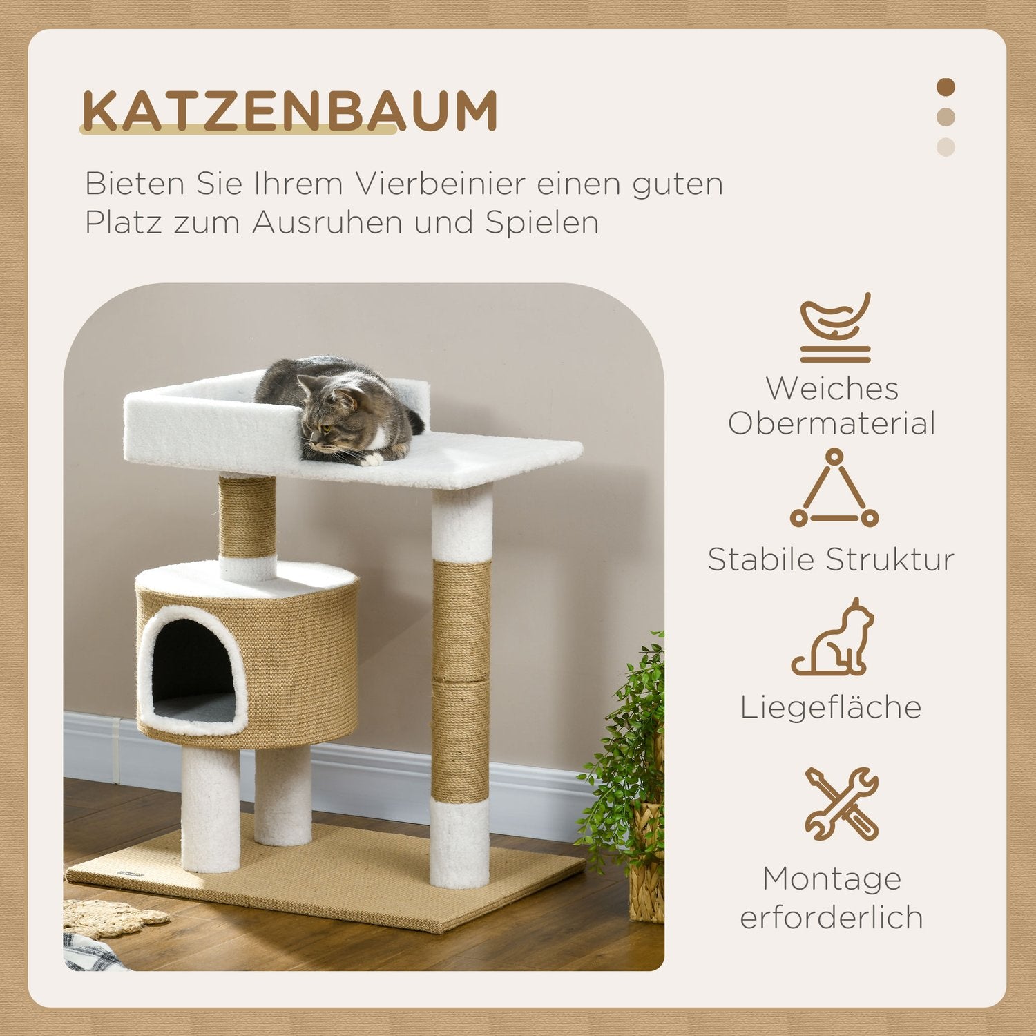 Kattträdskrapstolpe, 79 cm med grotta och säng, jute
