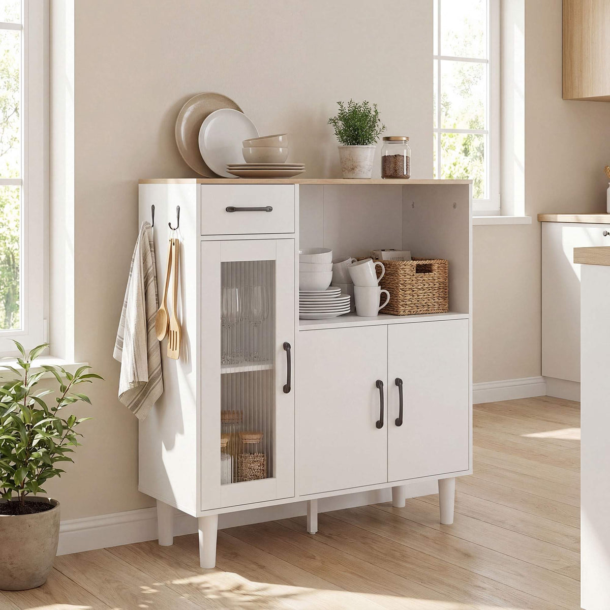 Köksskänk med låda, 2 skåp, öppen hylla