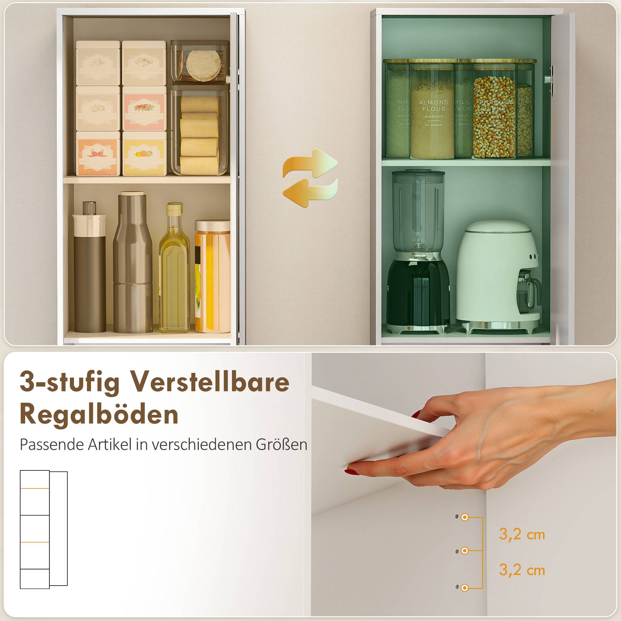 Köksskåp, justerbara hyllplan med 5 våningar, vitt trä