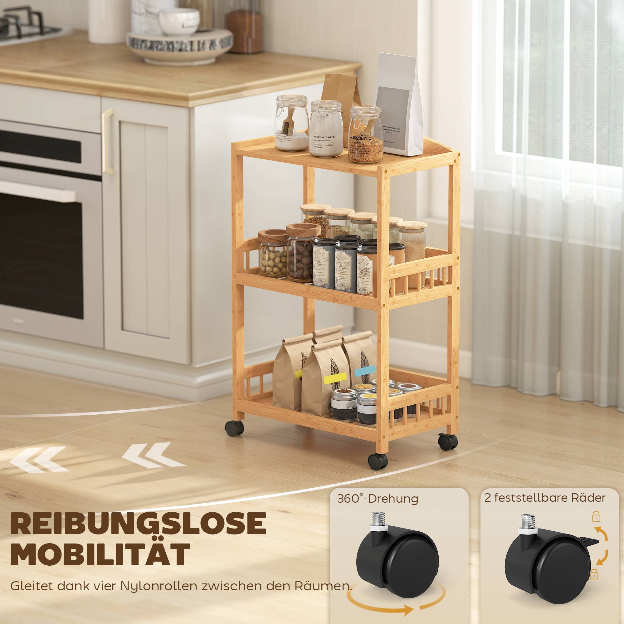 Köksvagn i bambu med hjul – 3 hyllor, naturträ