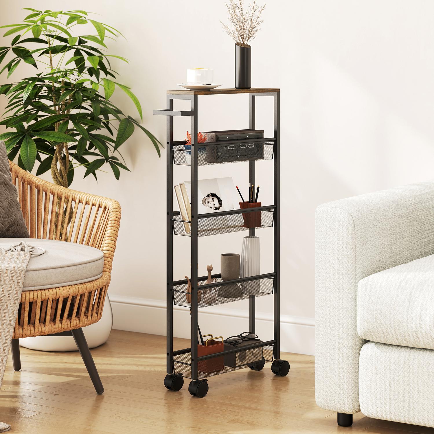Köksvagn med 5 hyllor, rullvagn, svart, 47x13x96,5 cm