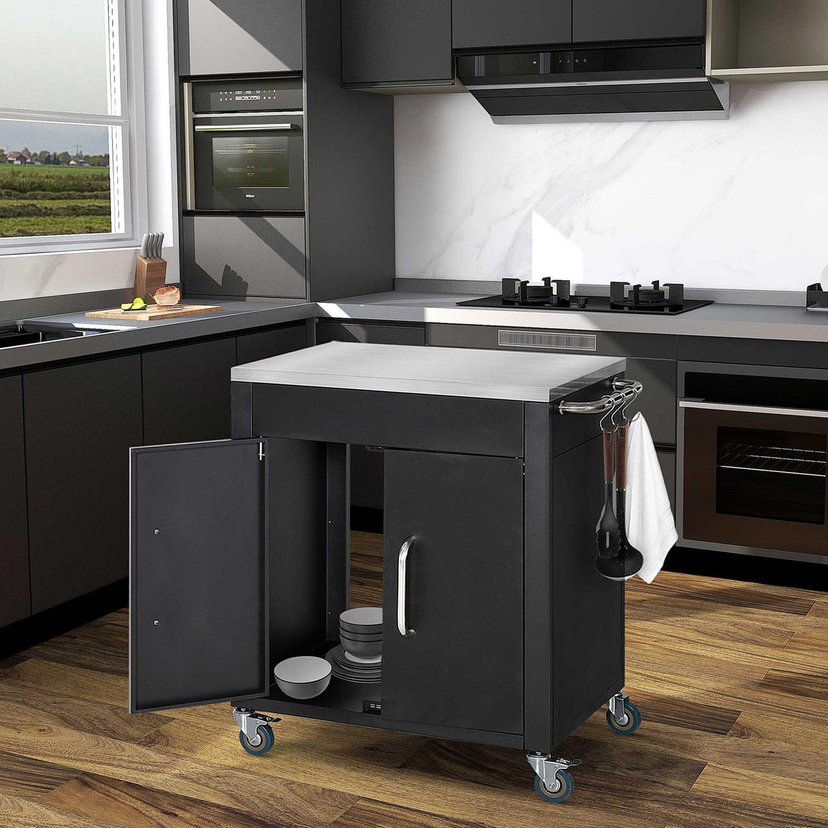 Carrello da cucina con ruote e mobiletto, nero, 86x50x86,5 cm