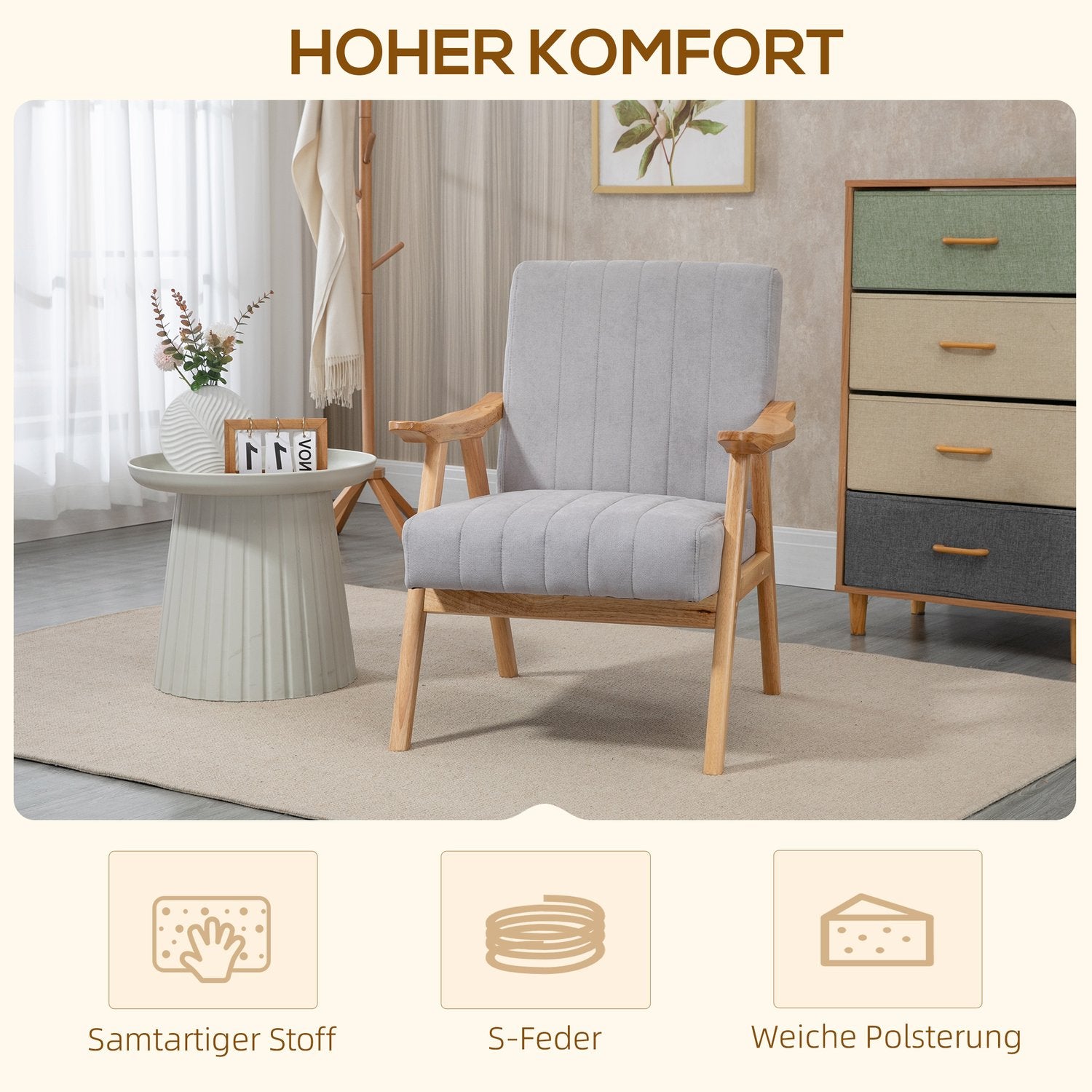 Klädd Wing Chair i sammetslook, Scandi Design, Grå