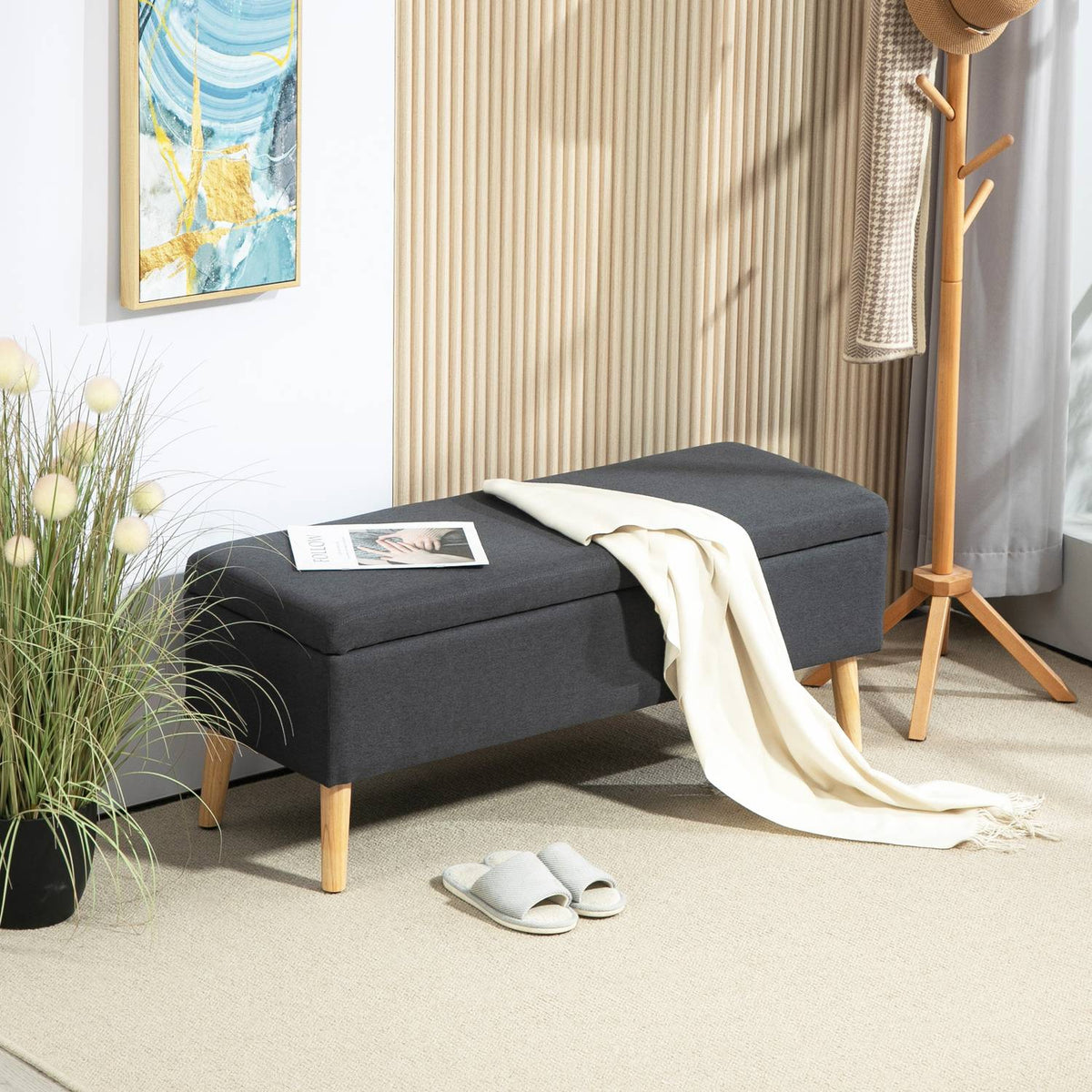 Banc de rangement revêtu, hévéa, gris foncé 110cm