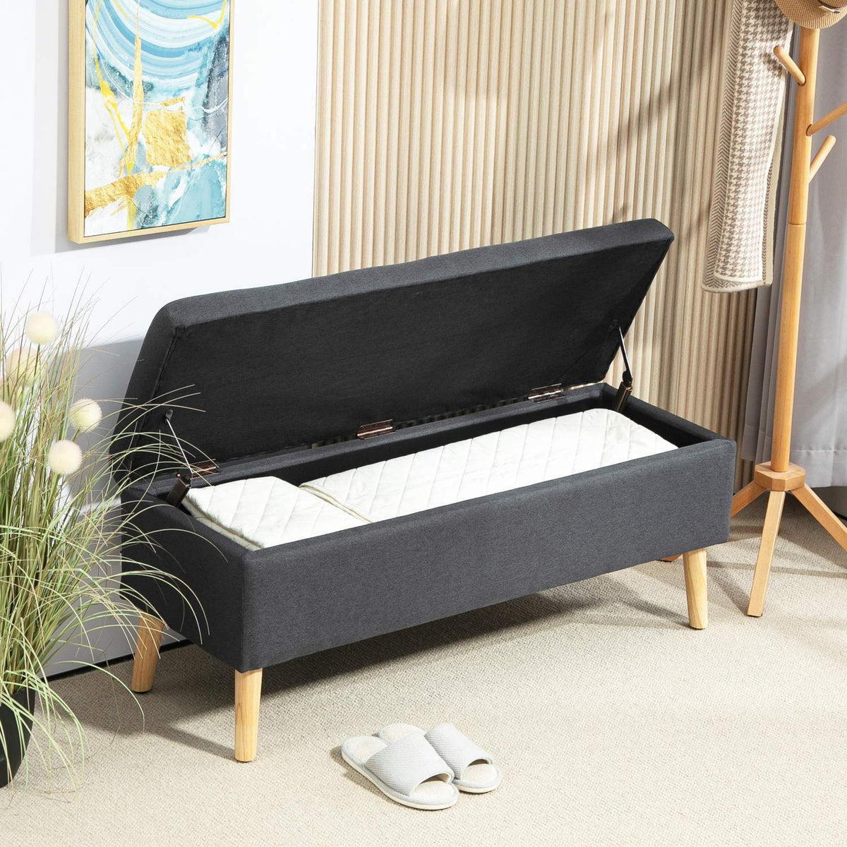 Banc de rangement revêtu, hévéa, gris foncé 110cm