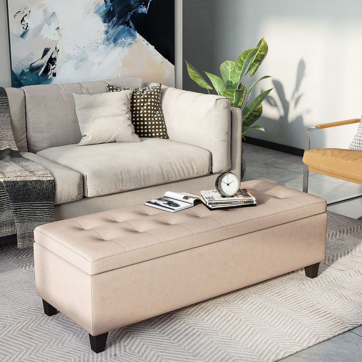 Banc de rangement revêtu – aspect lin, beige