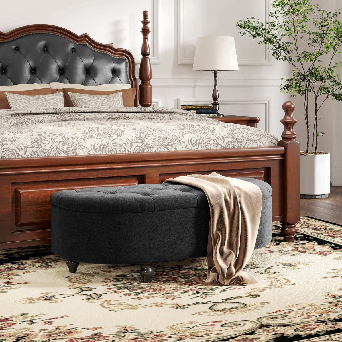 Banc de rangement revêtu avec assise en velours, bois d'hévéa