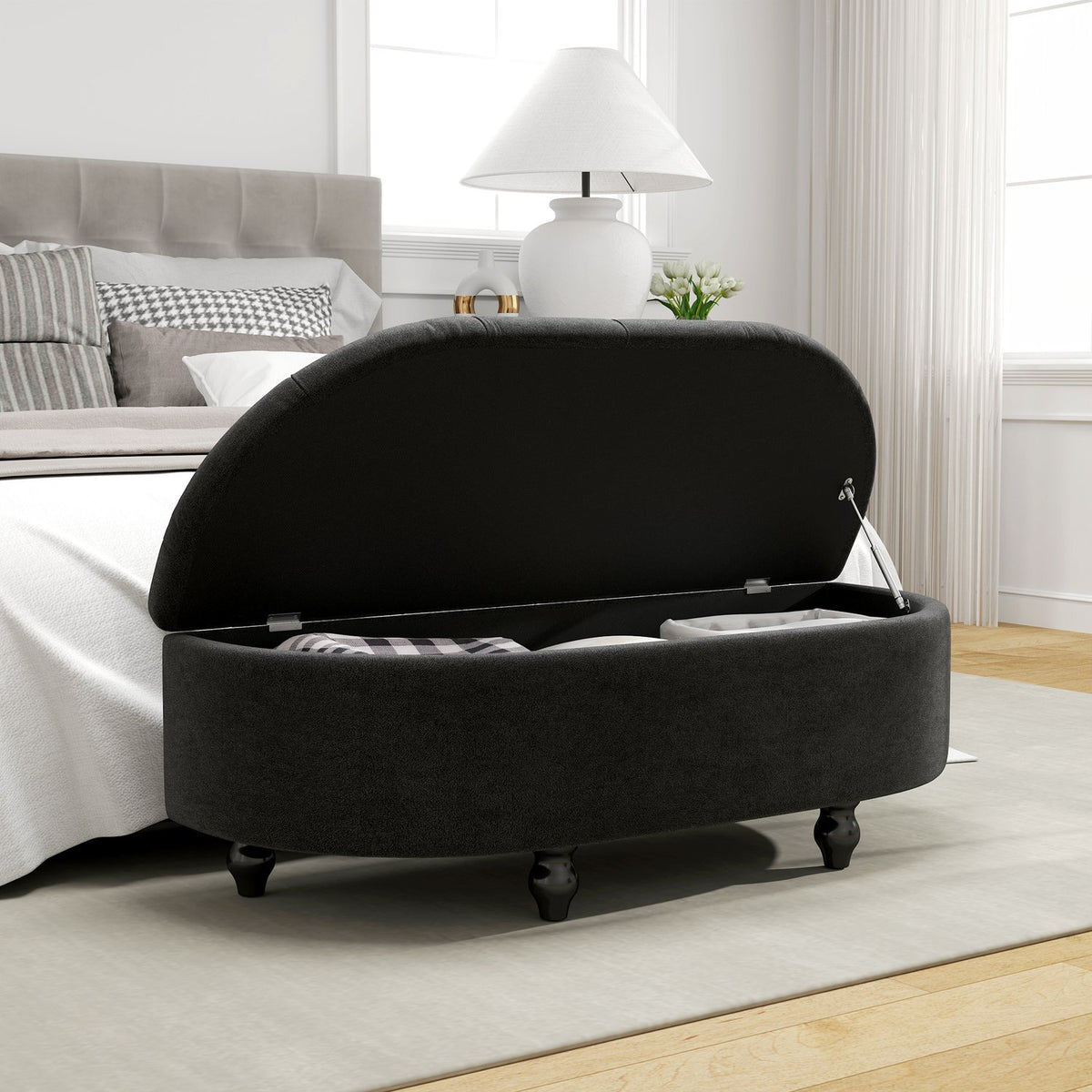 Banc de rangement revêtu avec assise en velours, bois d'hévéa