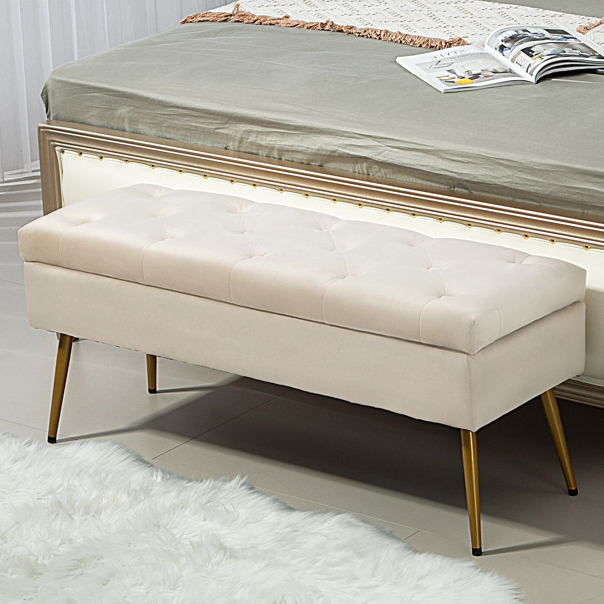 Banc de rangement revêtu, aspect velours, beige, 102 x 35 x 43 cm