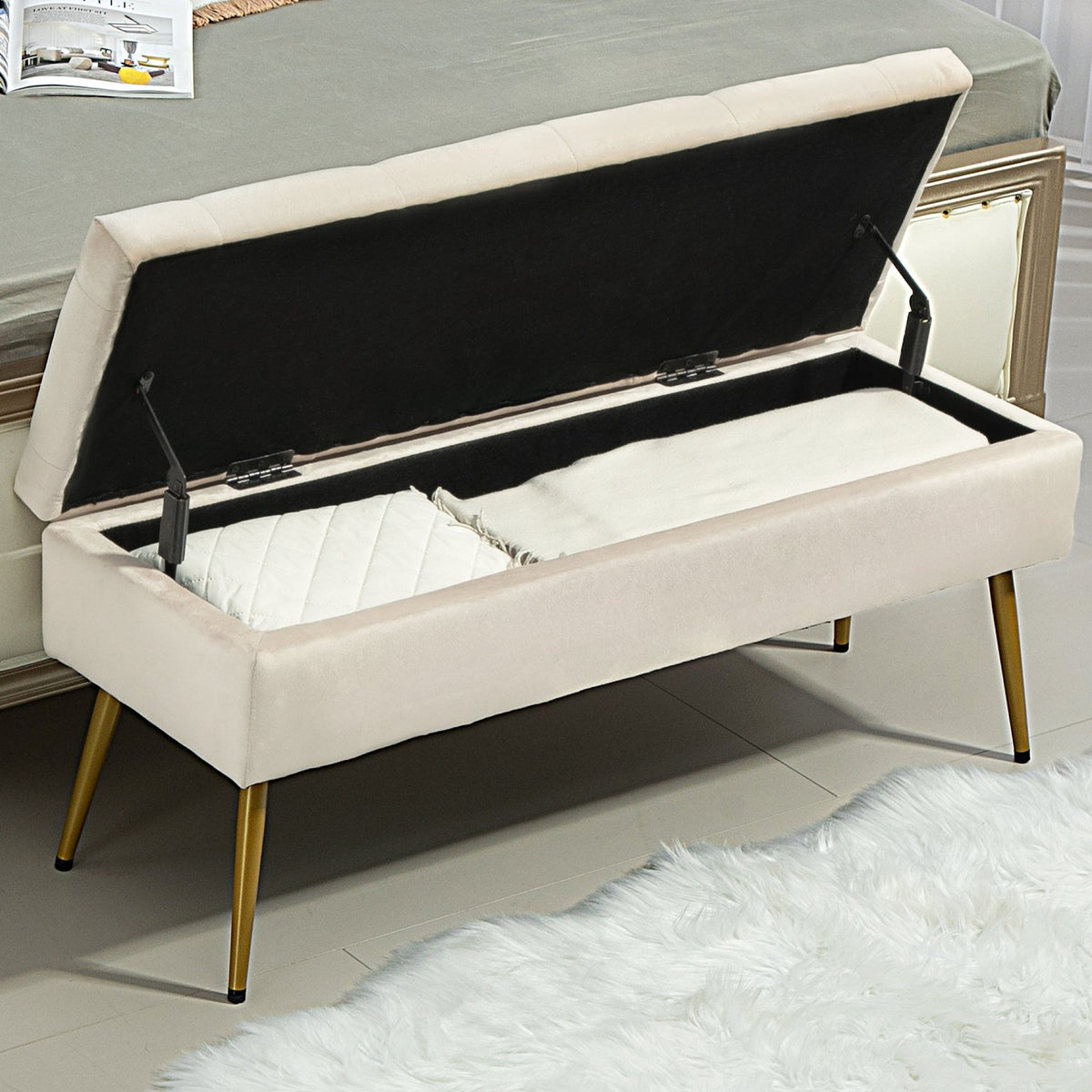 Banc de rangement revêtu, aspect velours, beige, 102 x 35 x 43 cm