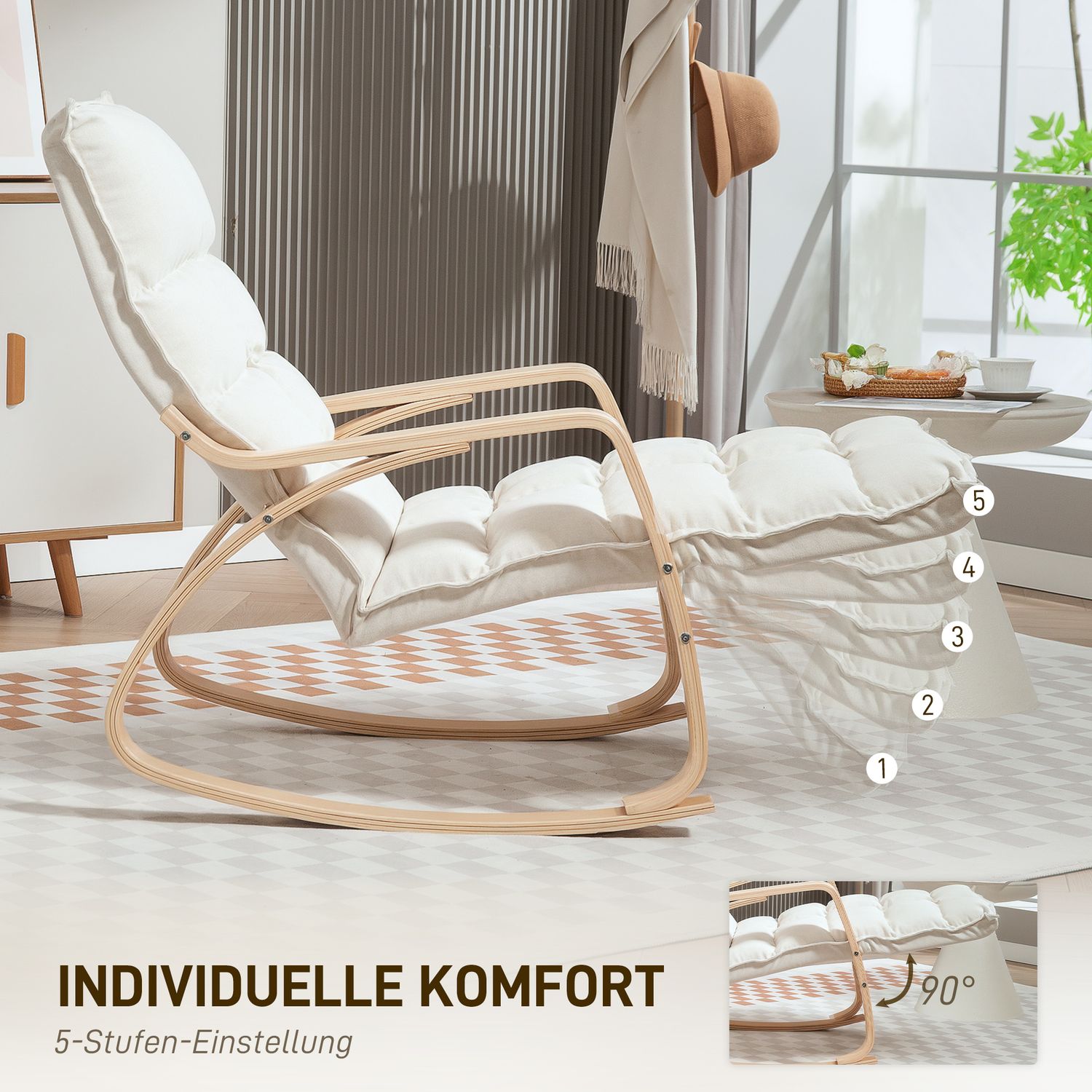 Klädd gungstol, relaxfåtölj med armstöd och stålram, för vardagsrum, sovrum, krämvit