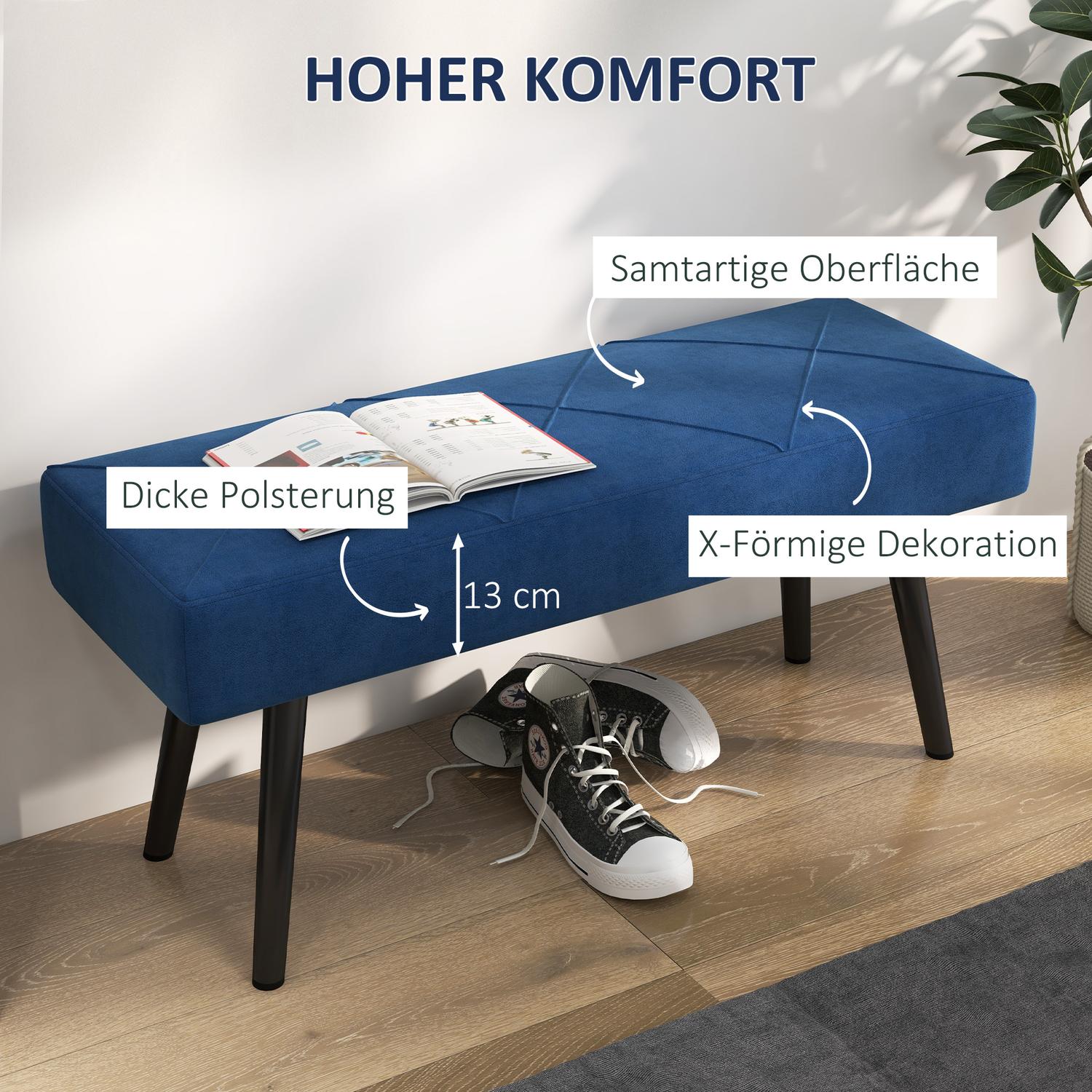 Klädd sovrumsbänk med blå sammetslook, kapacitet 120 kg