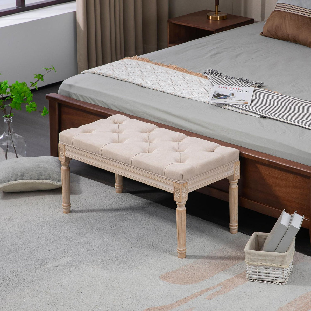 Bezogene Vintage-Bank, leinenbeige, 120 kg Kapazität