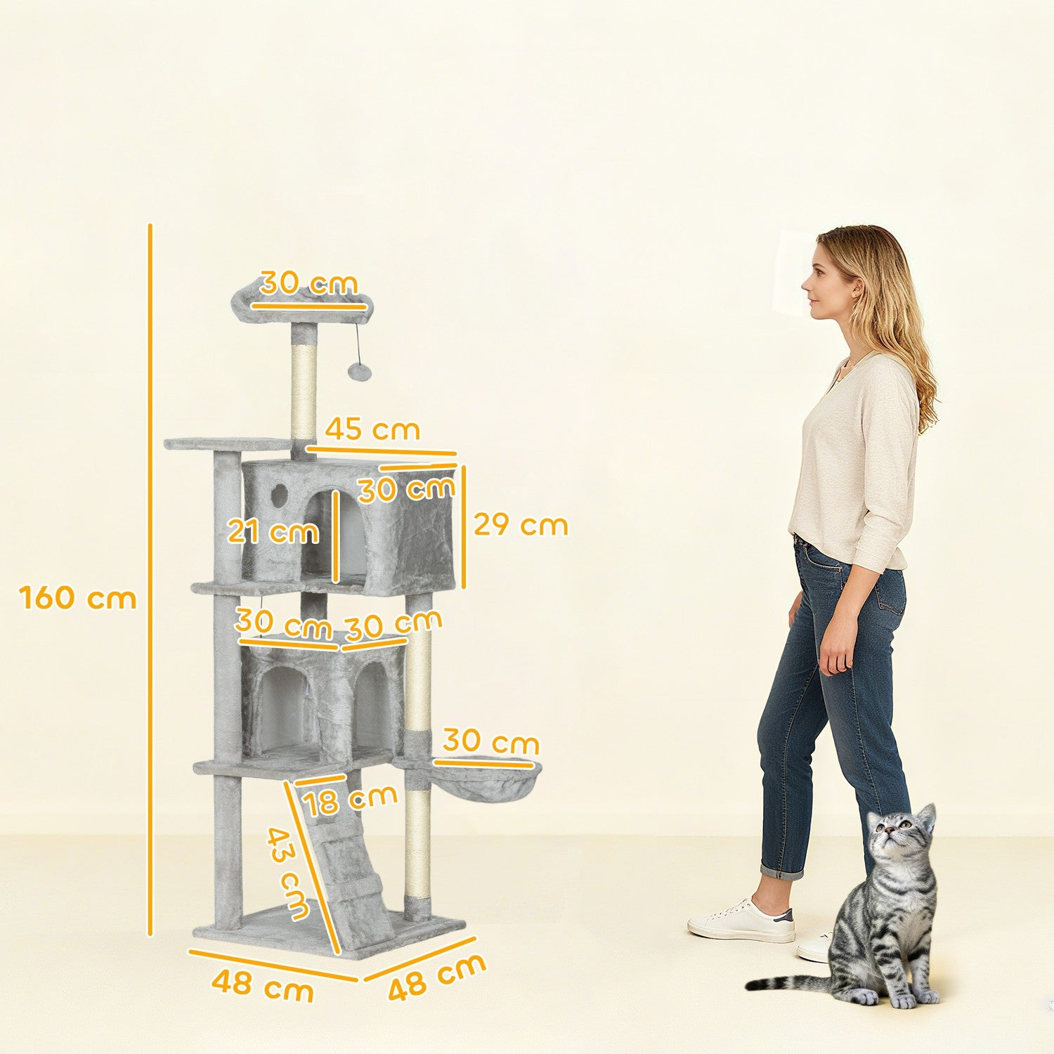 Klösträd 160 cm, Flera nivåer, Sisalstolpar, Hängmatta, Plattformar