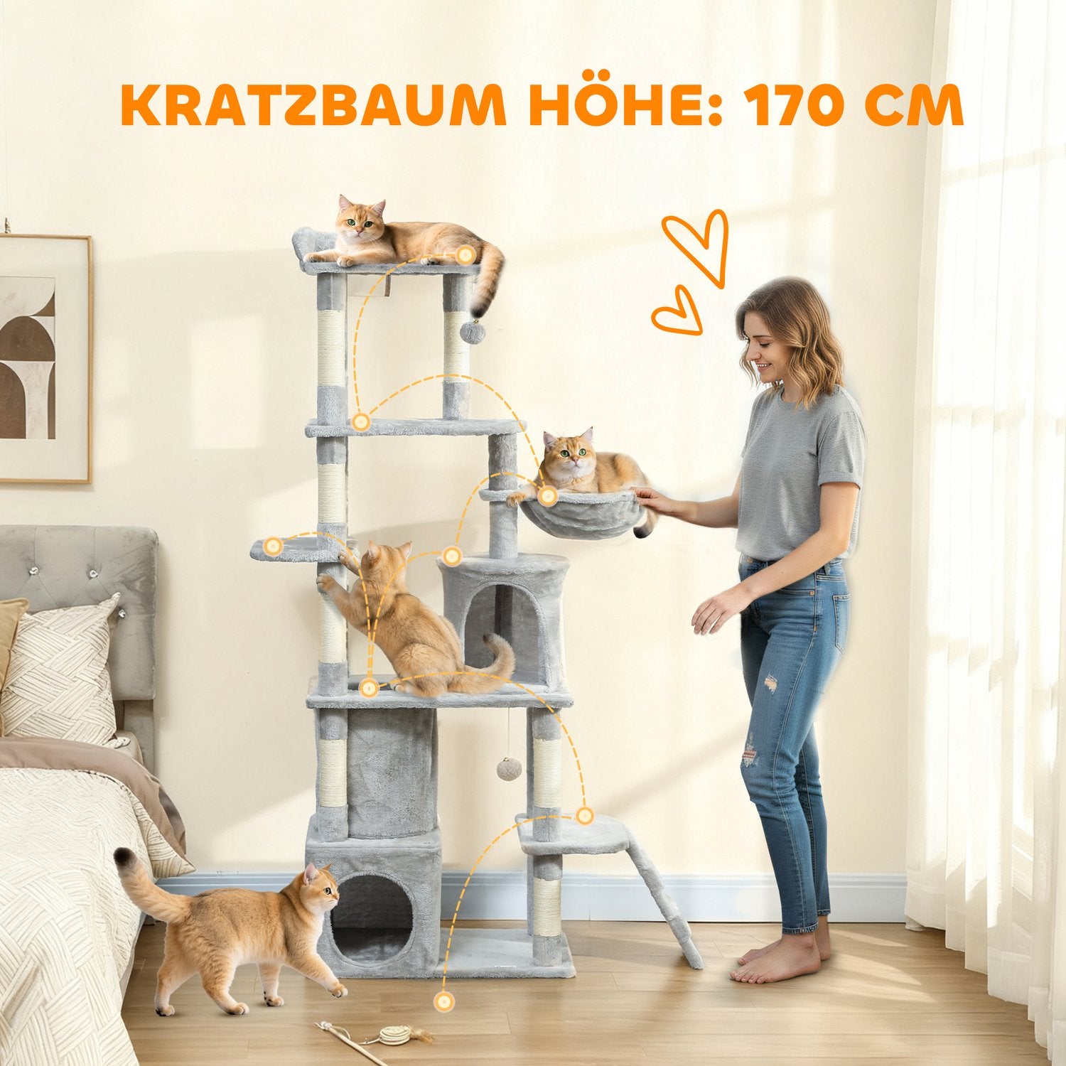 Klösträd med tunnel, grottor, sisalstolpar, 170 cm, ljusgrå