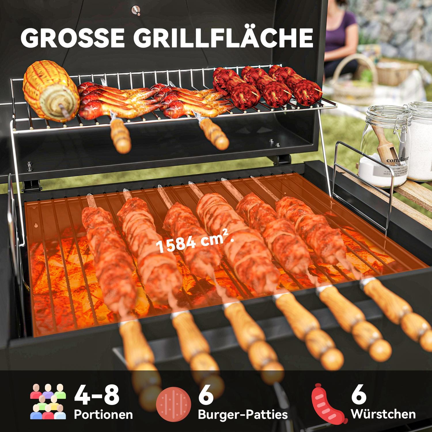 Kolgrill i rostfritt stål, mobil grillvagn med lock, termometer, grillgaller, hjul, justerbart handtag, kolbricka, kolgrillvagn med vedhylla, BBQ rökare för camping, trädgård 112x58x107cm |