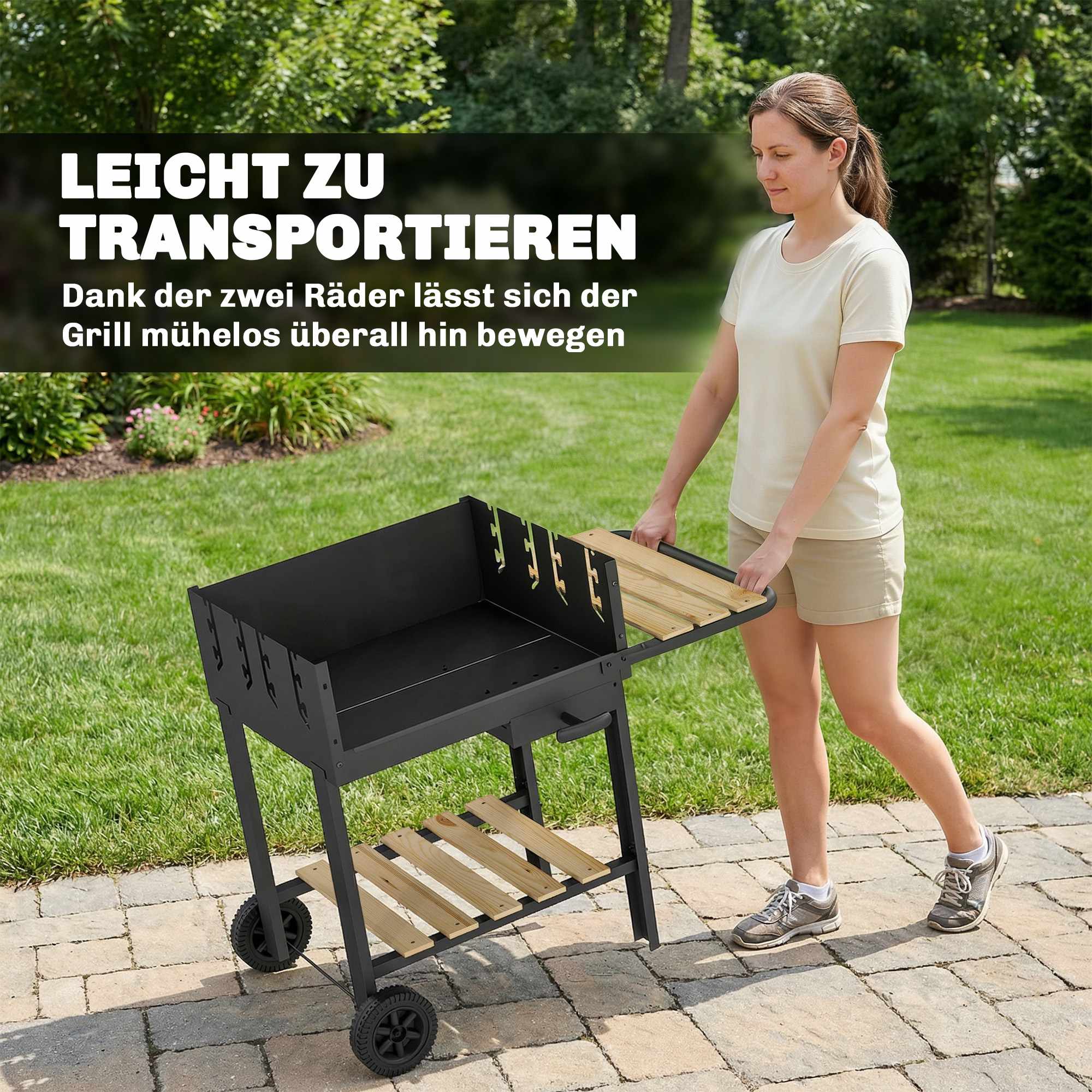 Kolgrillvagn med justerbara galler, trähyllor och hjul