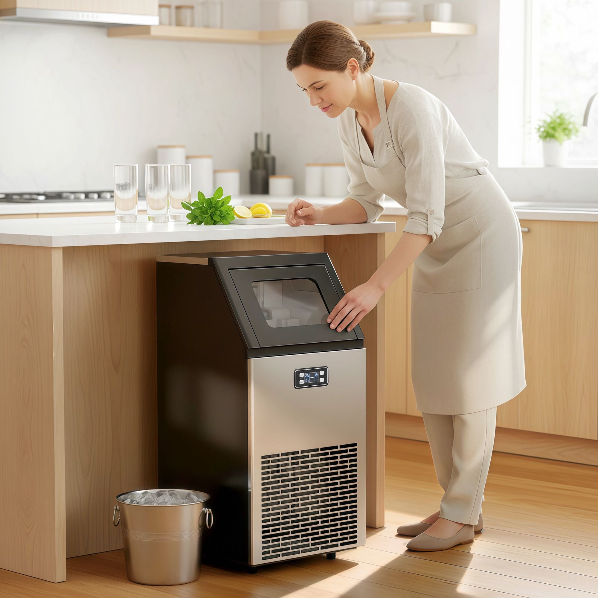 Kommersiell ismaskin, 45 kg/dag, rostfritt stål, LCD-skärm