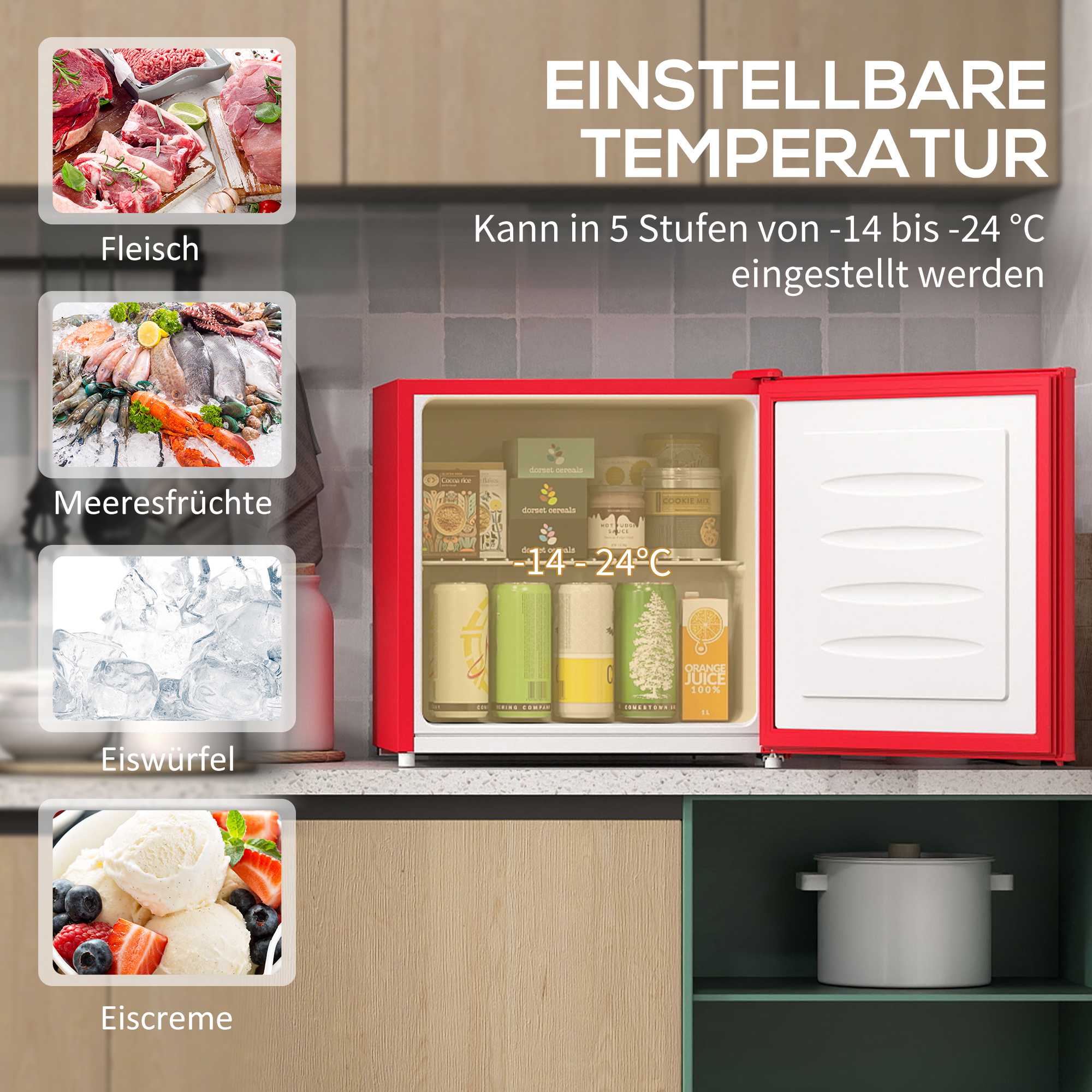 Kompakt 35L frys med vändbar dörr, röd
