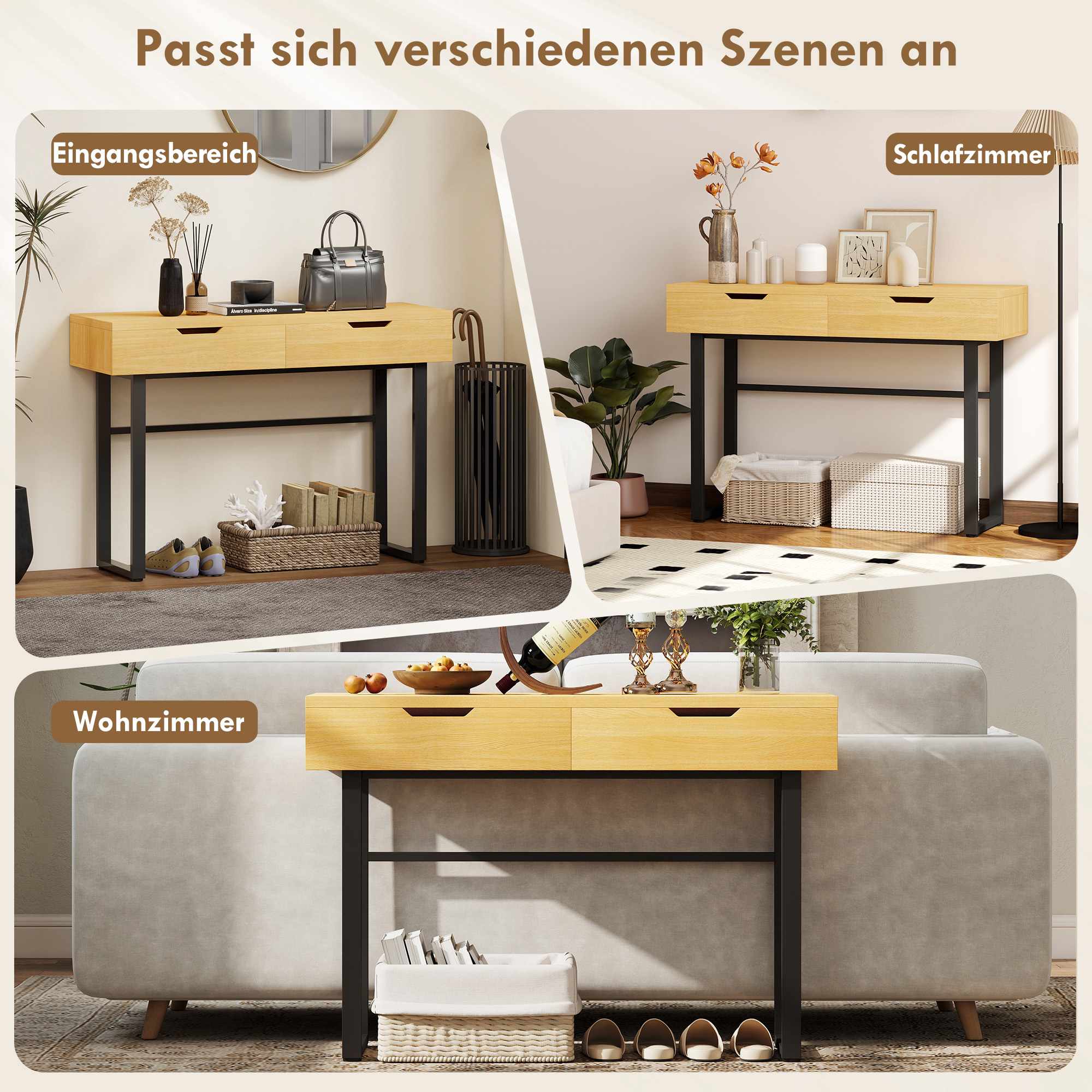Konsolbord med 2 lådor, metallram, 110x35x76,5 cm