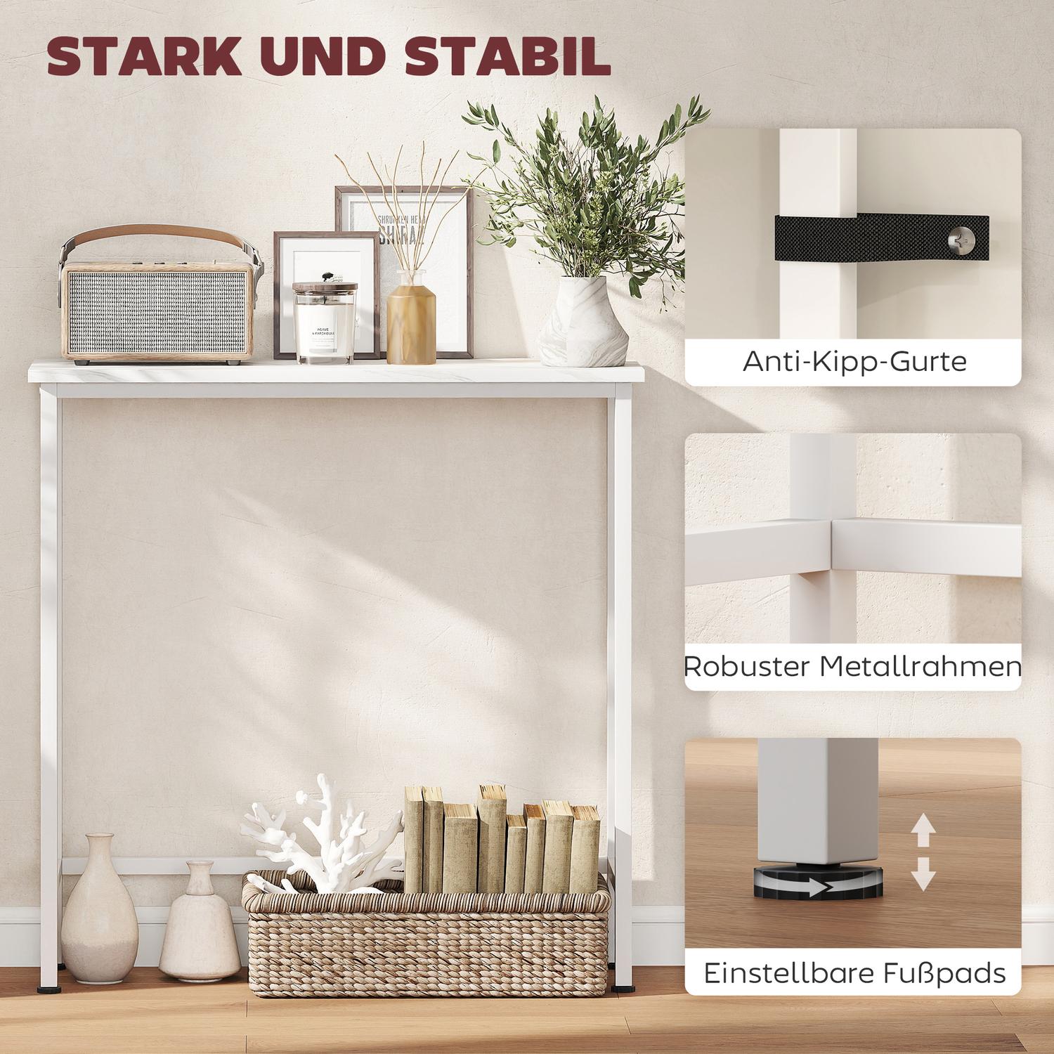 Konsolbord med justerbara fötter, tippskydd, 75x24x76 cm, vit