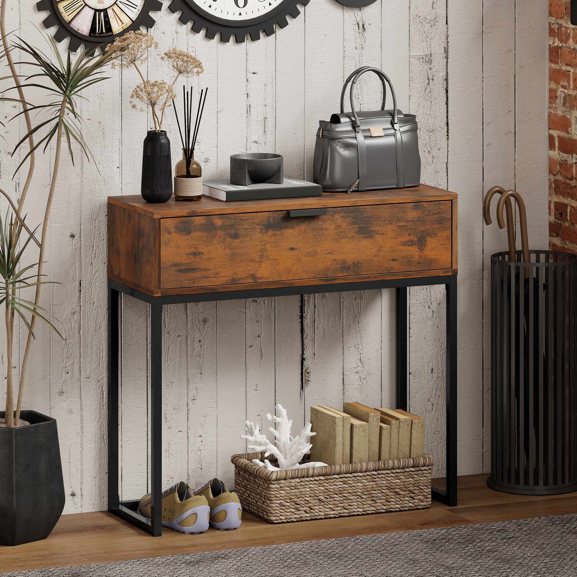 Konsolbord med låda, industriell design, 80x30x76 cm, svart