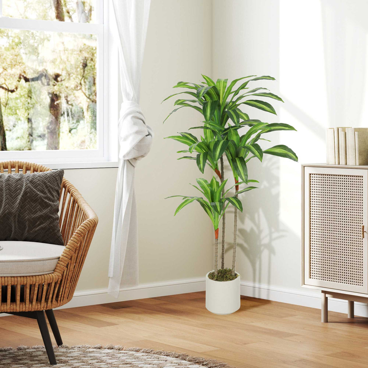 Konstgjord dracaena 120 cm, flexibla stammar, vit kruka