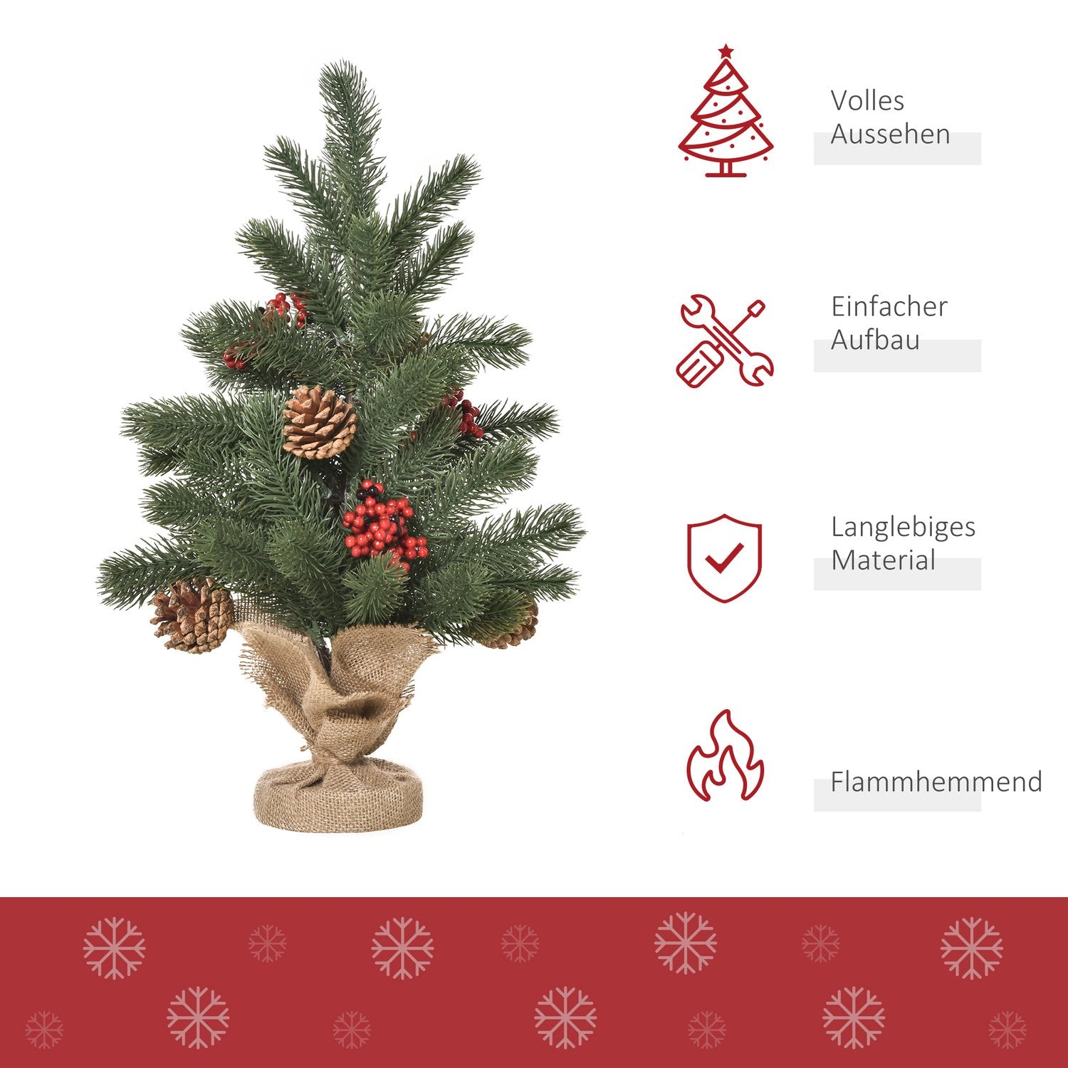 Konstgjord julgran, 50cm, röda bär & tallkottar