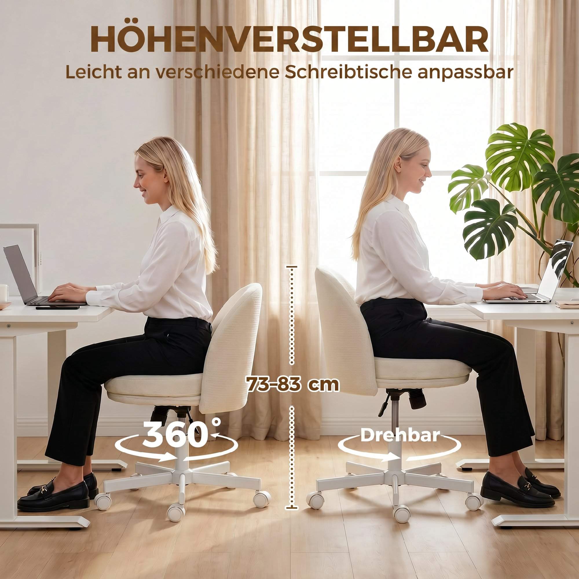 Kontorsstol, Höjdjusterbar, Gungstol, Chenilletyg, Krämfärgad