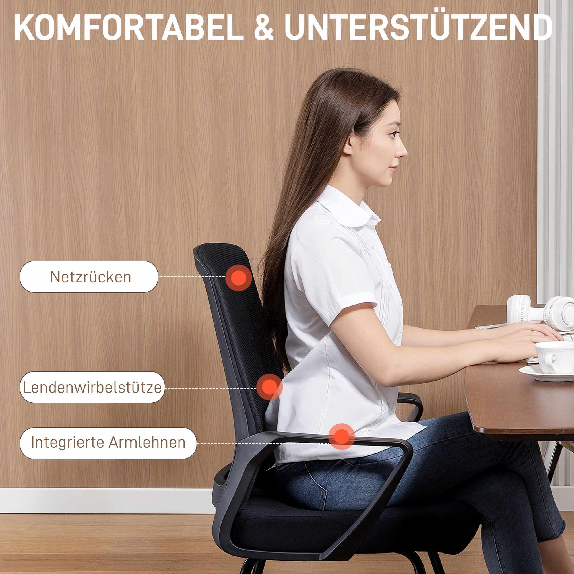Kontorsstol med armstöd, svankstöd, svart nät