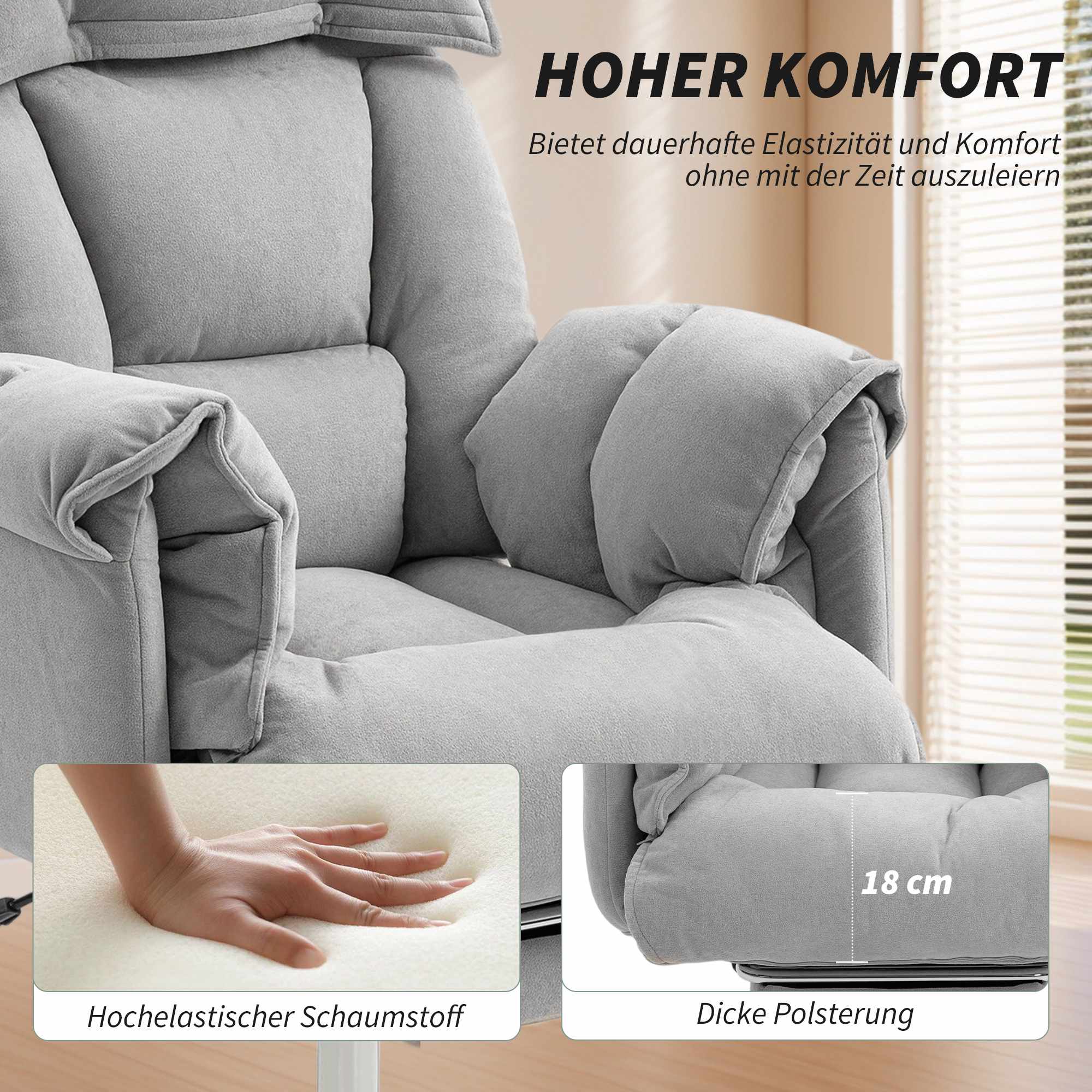 Kontorsstol med fotstöd, justerbar lutning, grå sammet