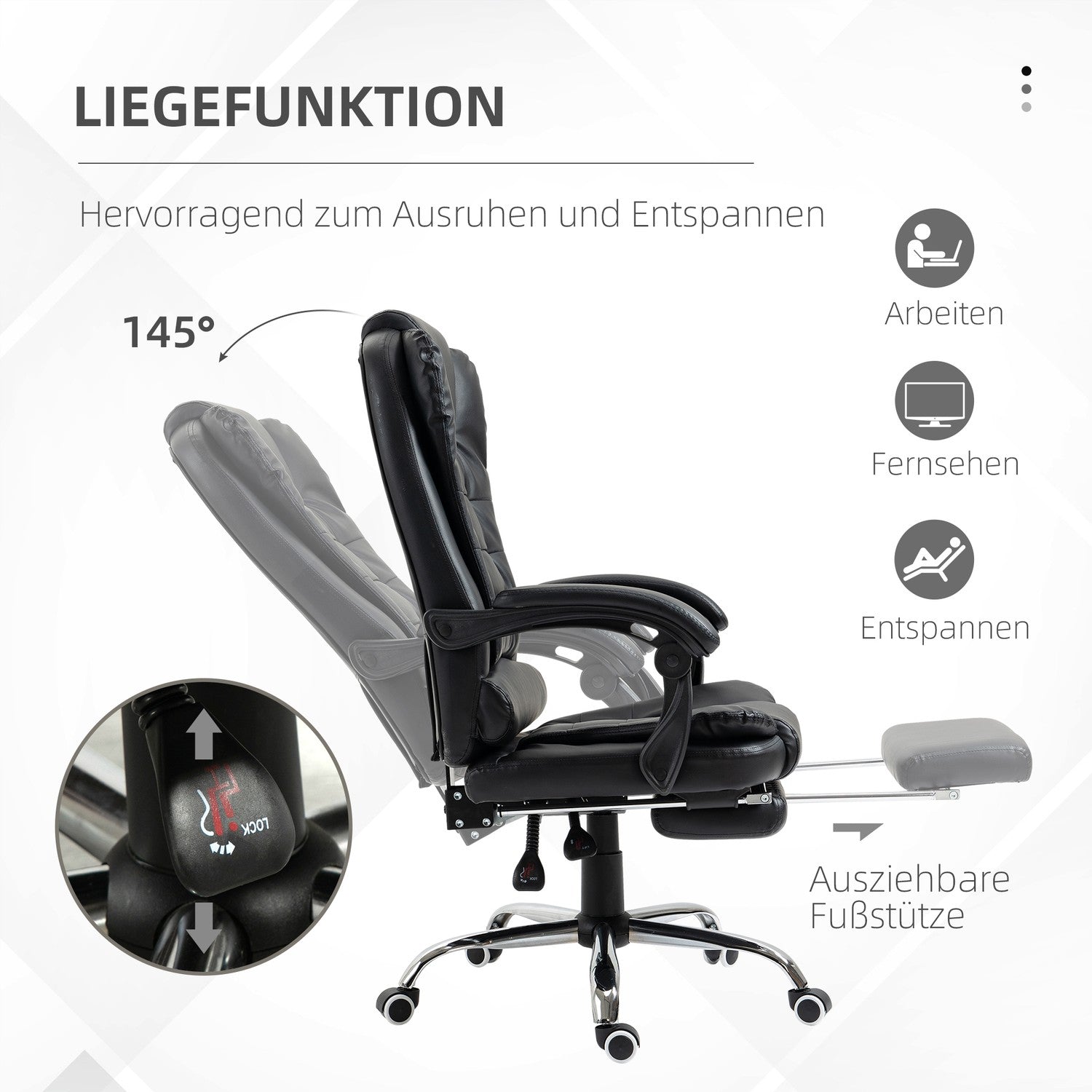 Kontorsstol med fotstöd, justerbart ryggstöd, svart