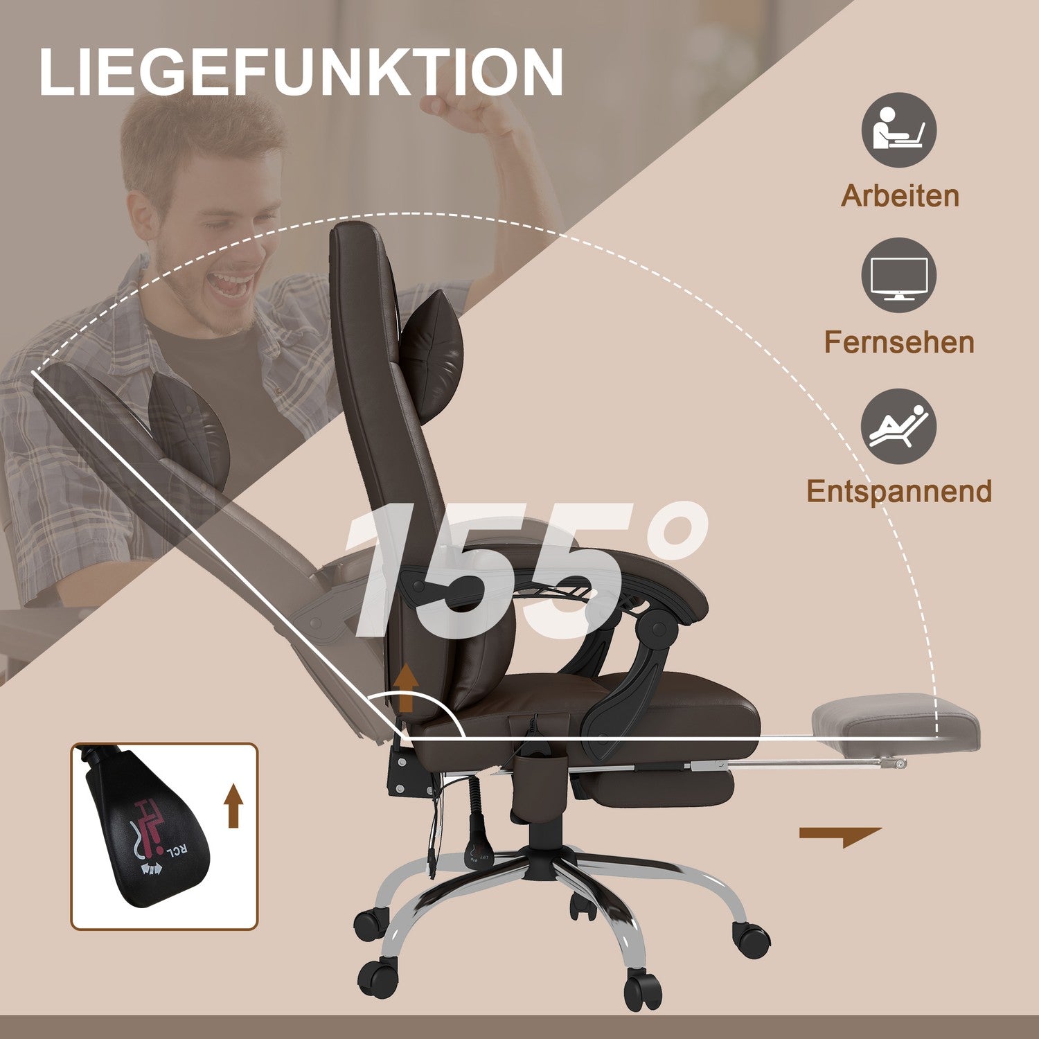 Kontorsstol med massagefunktion, ergonomisk skrivbordsstol med liggfunktion, nackstöd, höj- och sänkbar, brun