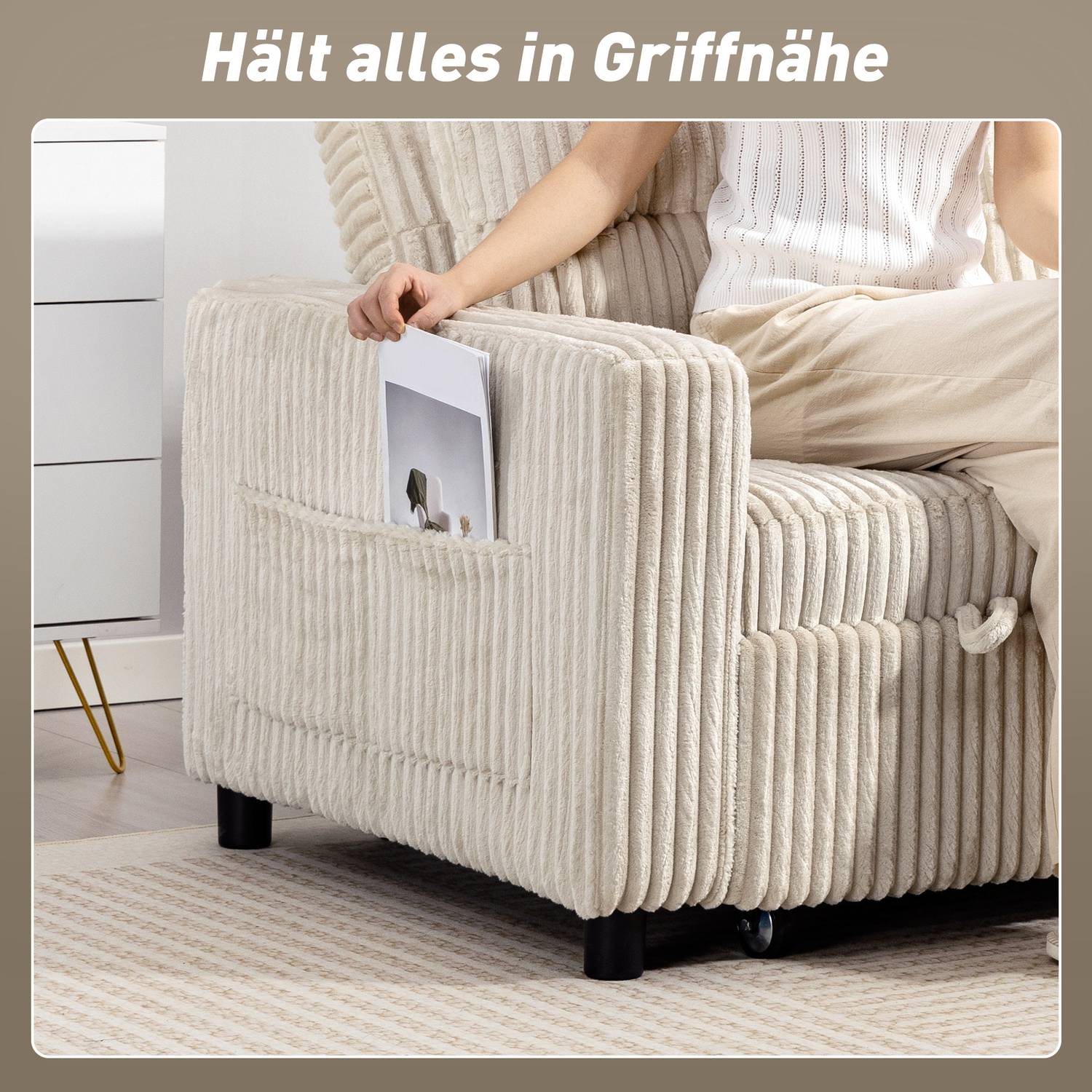 Konvertibel 2-sits bäddsoffa, manchestertyg, krämvit