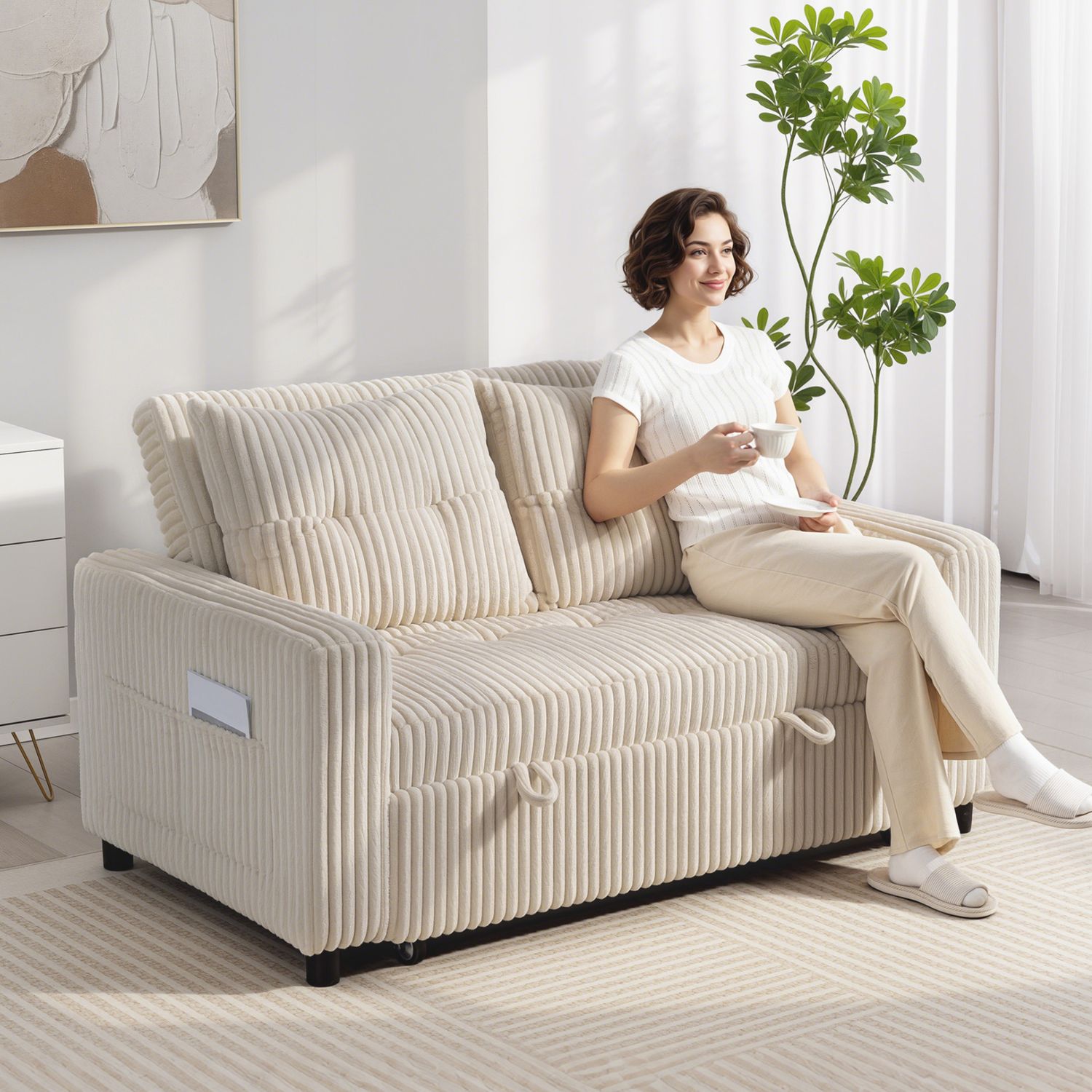 Konvertibel 2-sits bäddsoffa, manchestertyg, krämvit