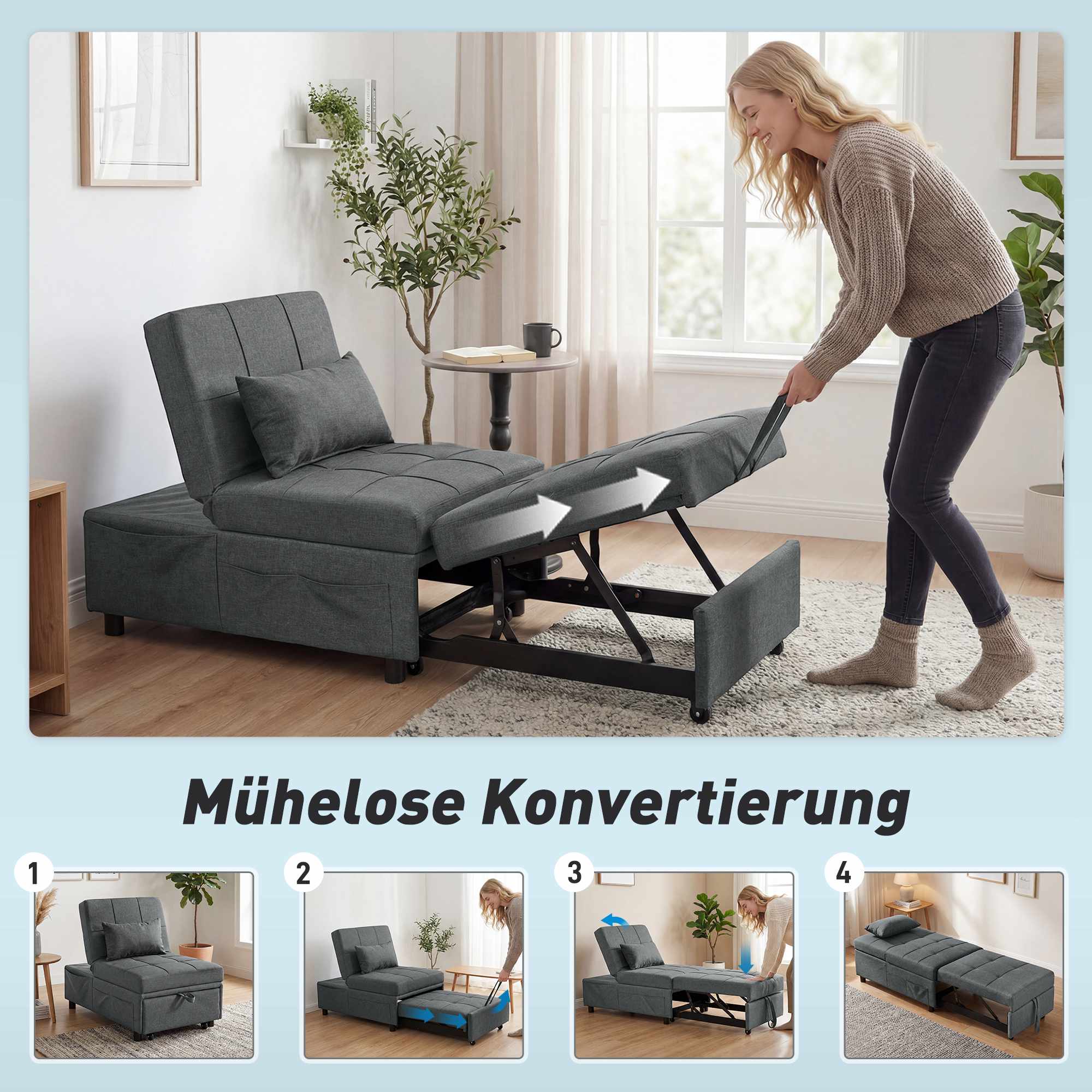 Konvertibel bäddsoffa med justerbart ryggstöd och dyna