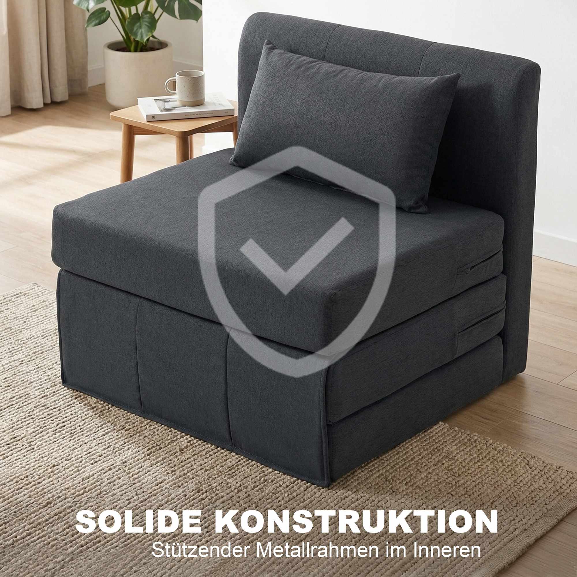 Konvertibel bäddsoffa med linnestruktur, mörkgrå