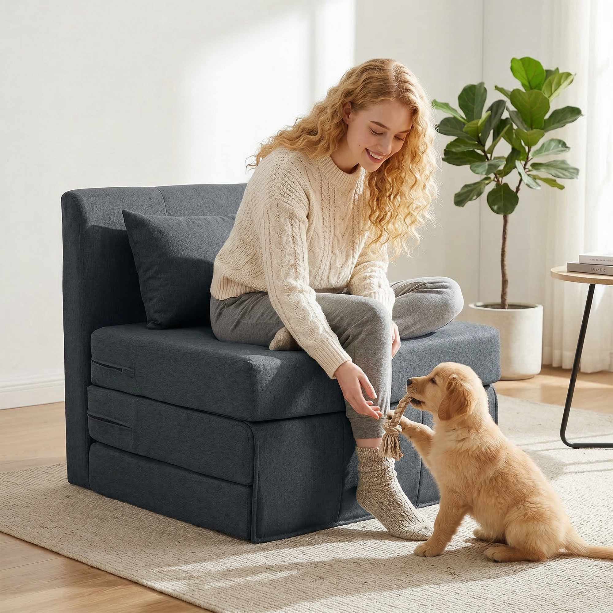 Konvertibel bäddsoffa med linnestruktur, mörkgrå