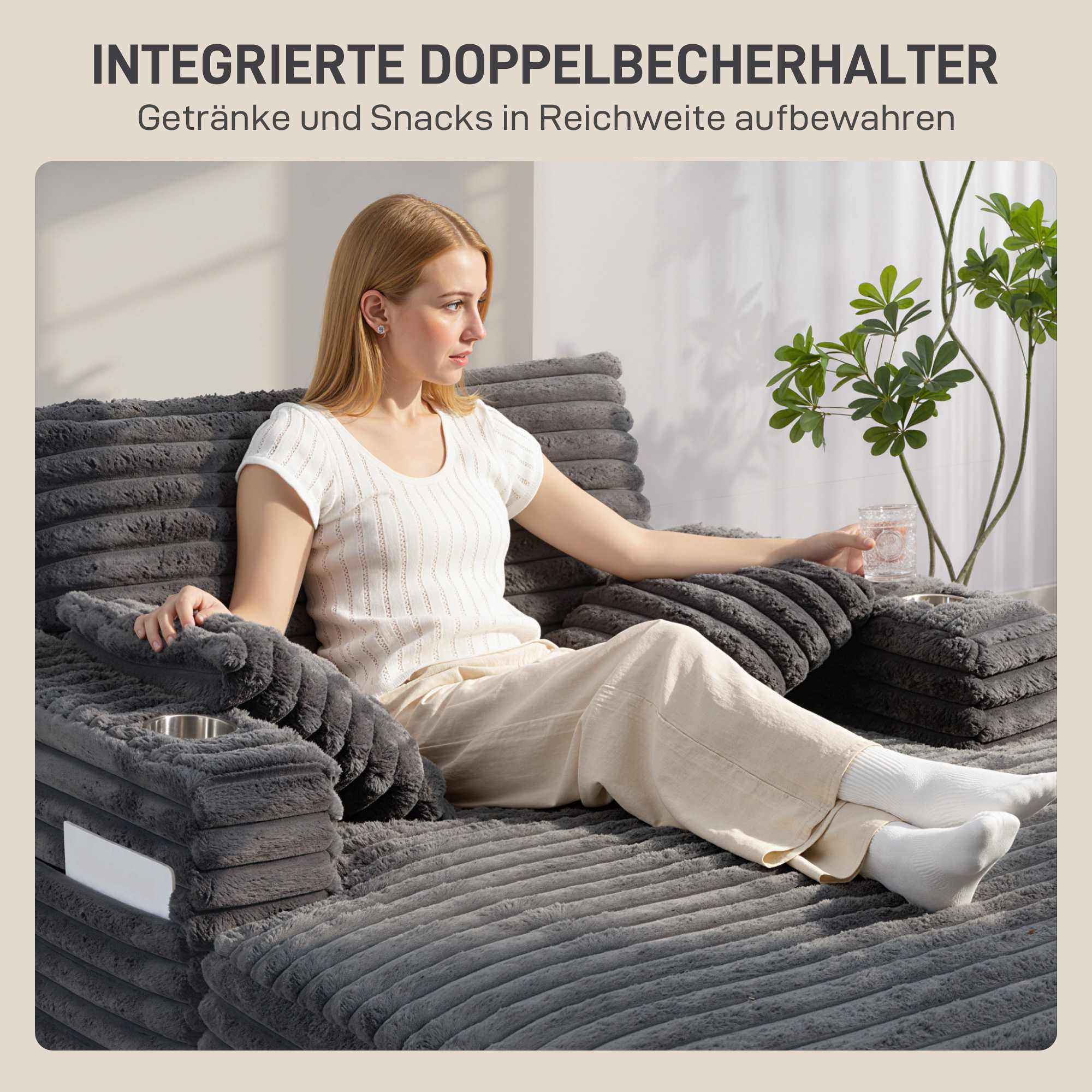 Konvertibel manchesterbäddsoffa med mugghållare, grå