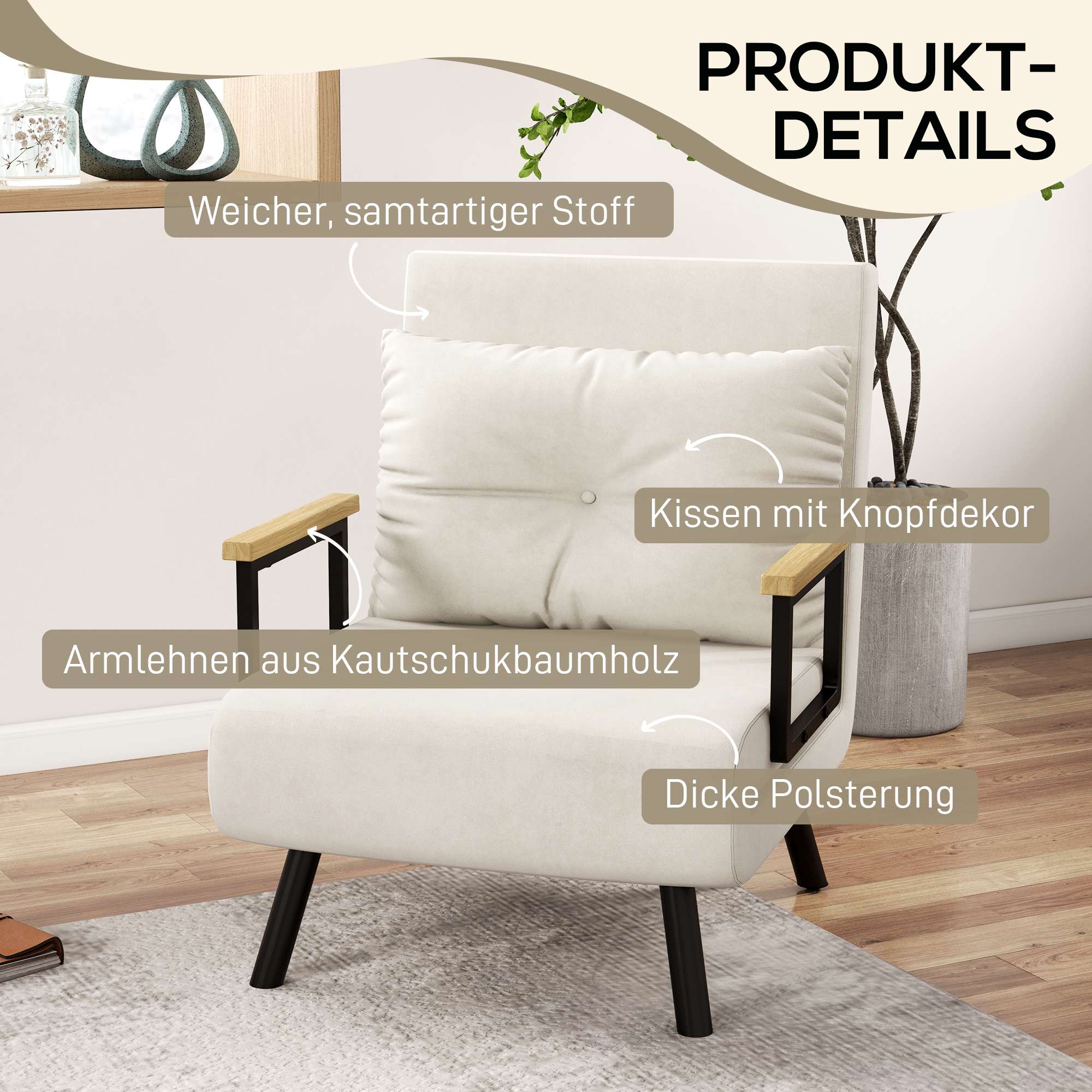 Konvertibel sovfåtölj, 5-positions vilfåtölj, krämfärgad, med dyna