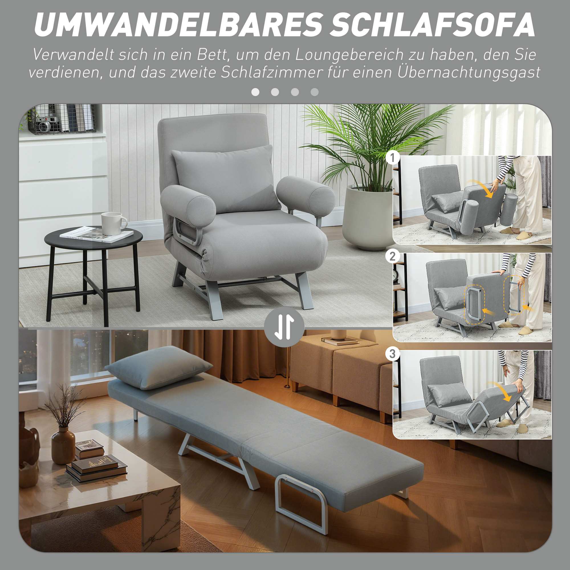 Konvertibel sovfåtölj, ergonomisk, ljusgrått tyg