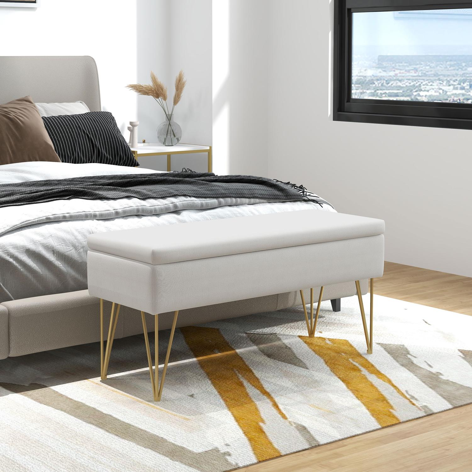 Krämklädd förvaringsbänk – Linne, stålben, 100x40x49 cm