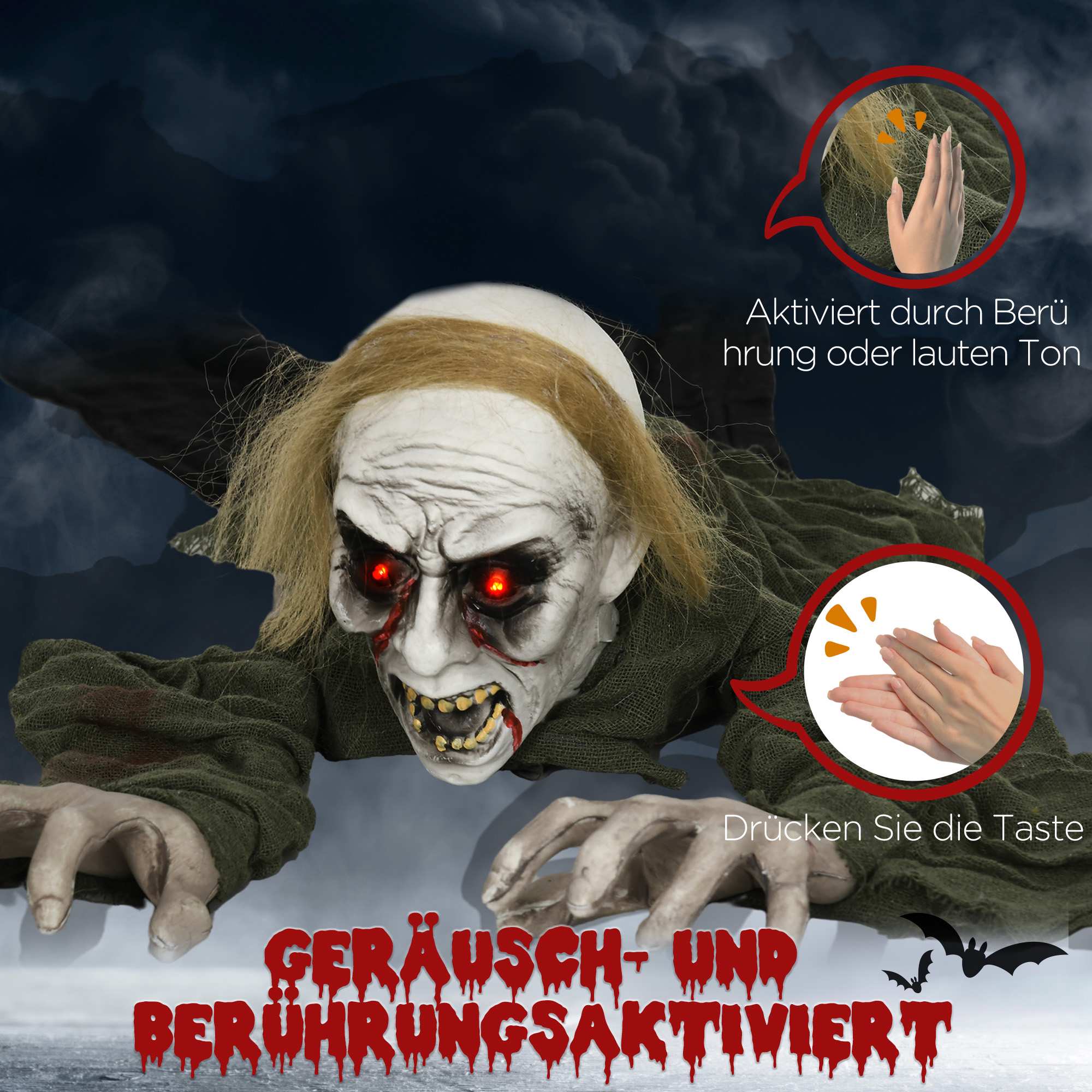 Krypande zombie Halloweendekoration med glödande ögon