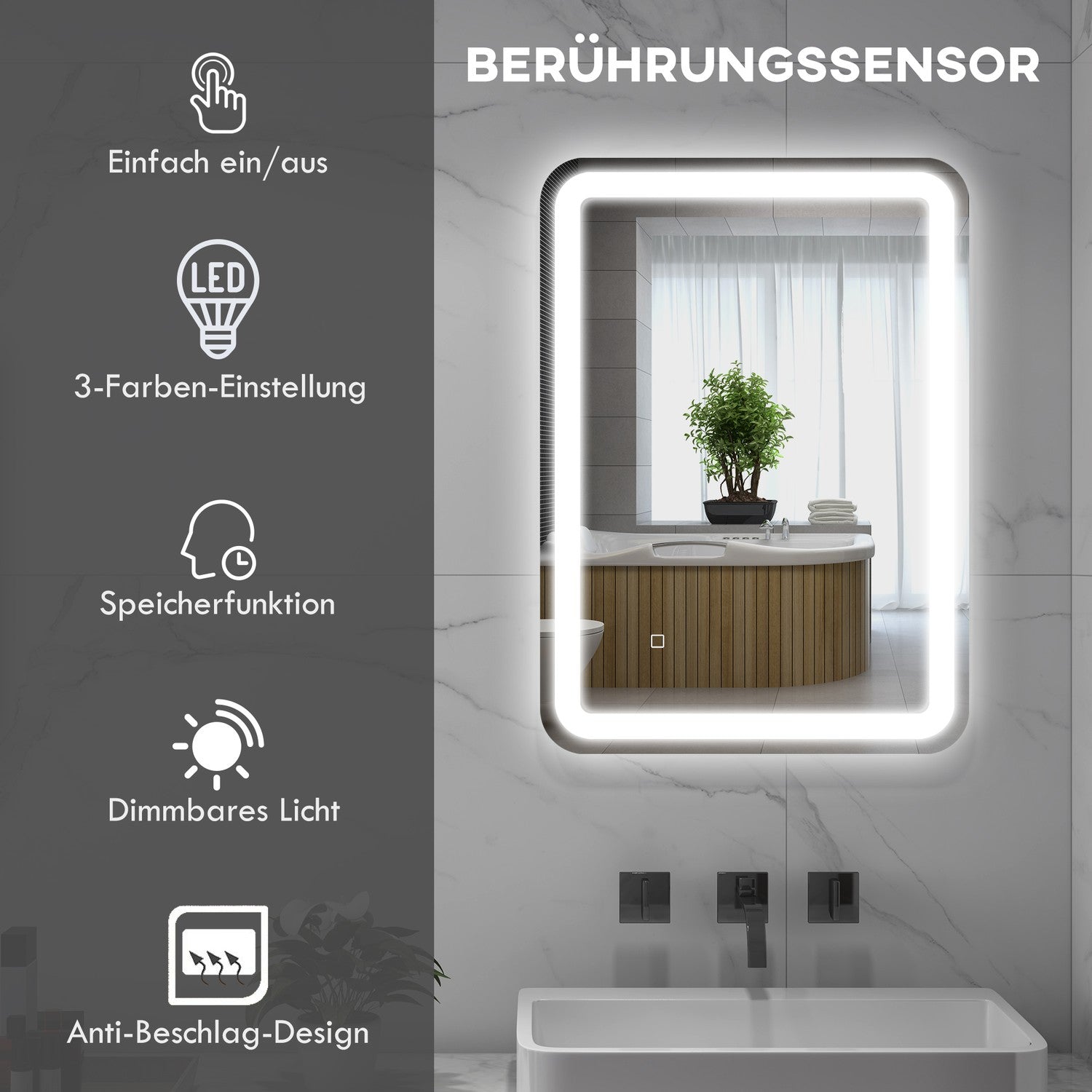 LED Badrumsspegel, 50x70cm, Anti-Imma, Touch Switch