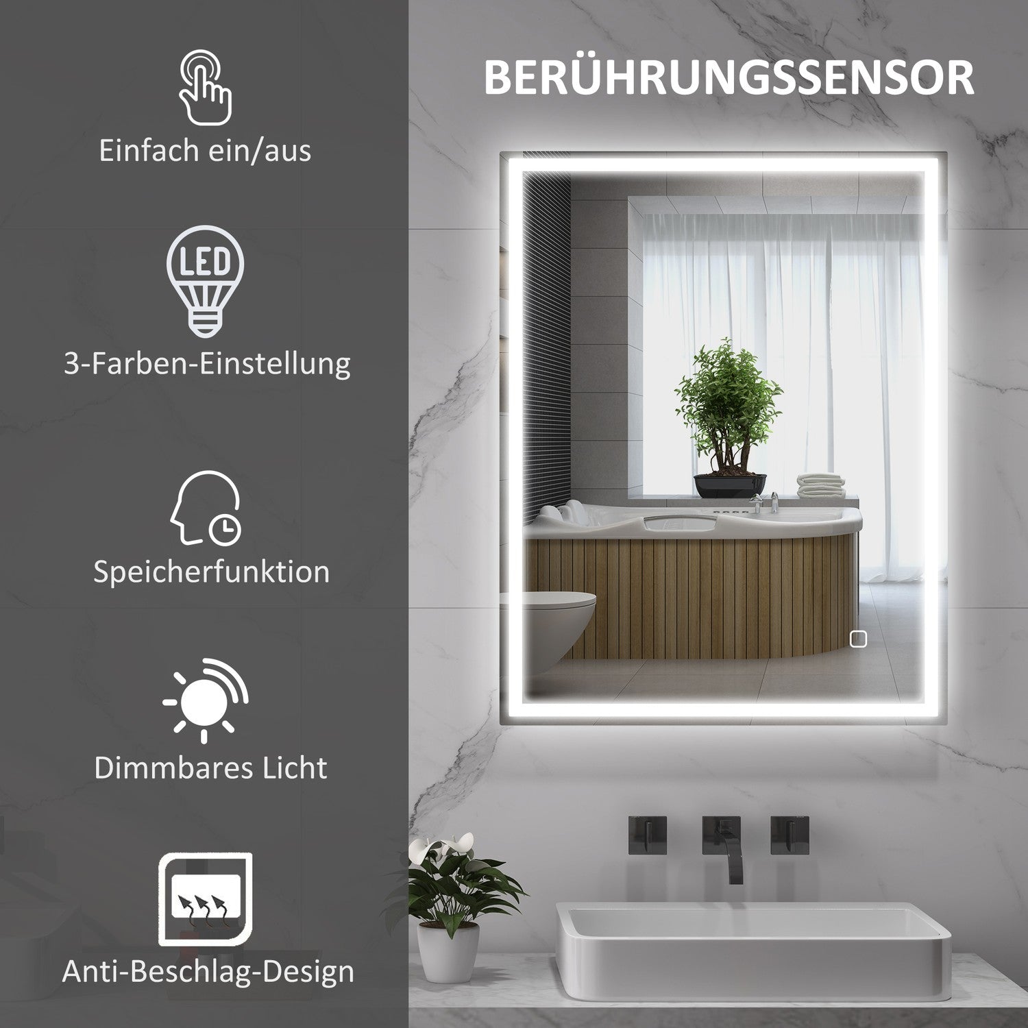LED Badrumsspegel, 90x70 cm, immafri, Touch Switch