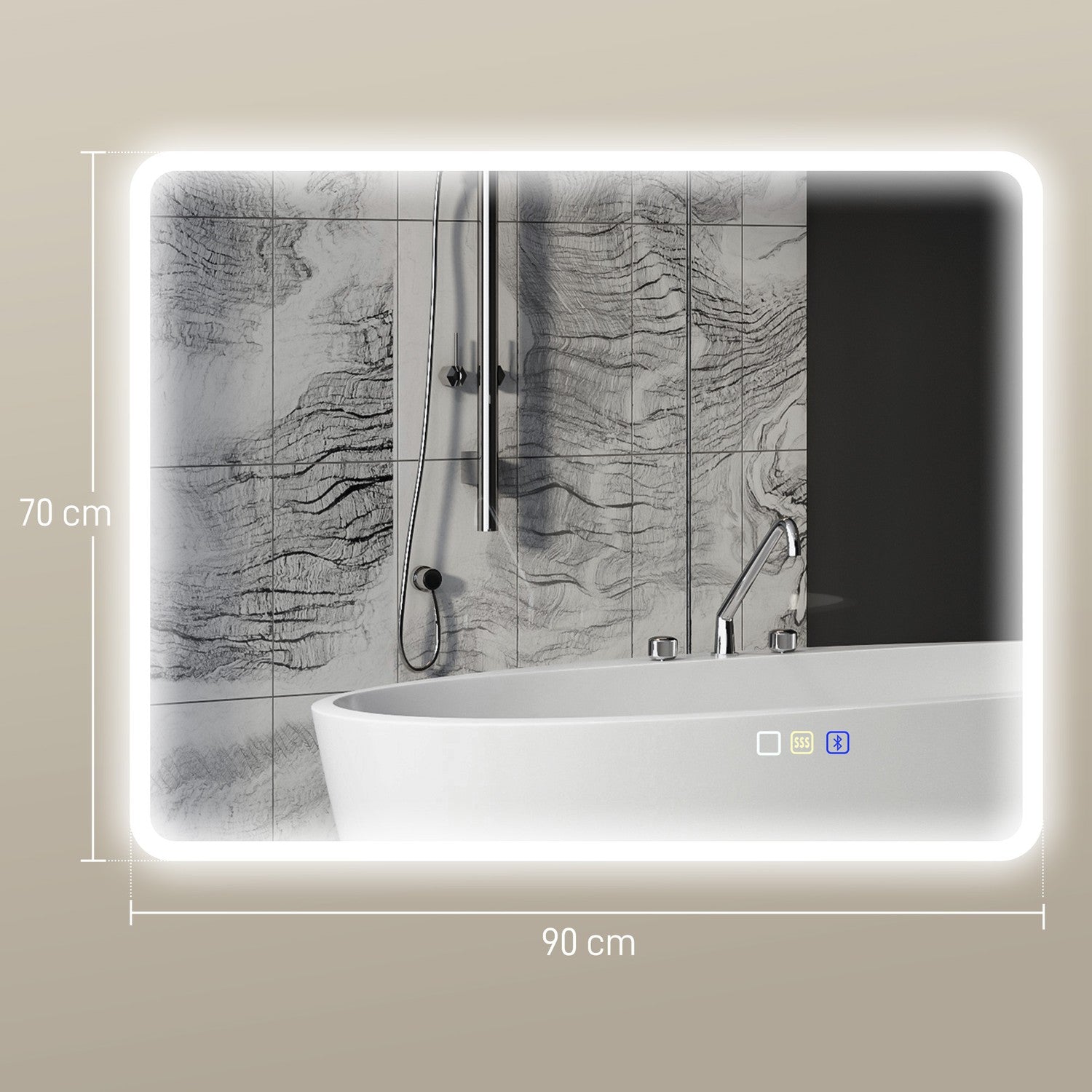 LED-badrumsspegel med Bluetooth, 70x90 cm, pekskärm