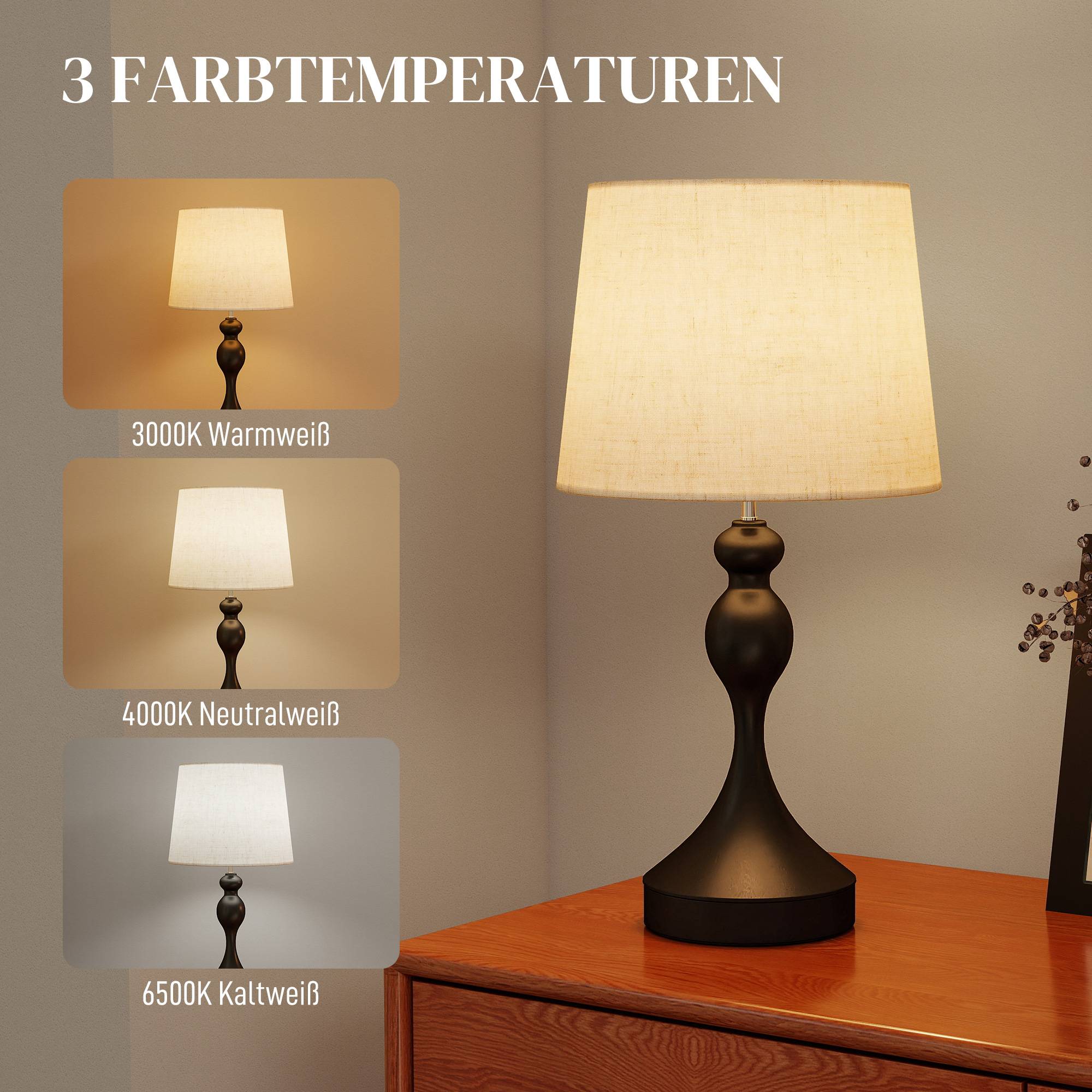 LED-bordslampa med 3 färgtemperaturer, USB A+C-portar, svart linneskärm