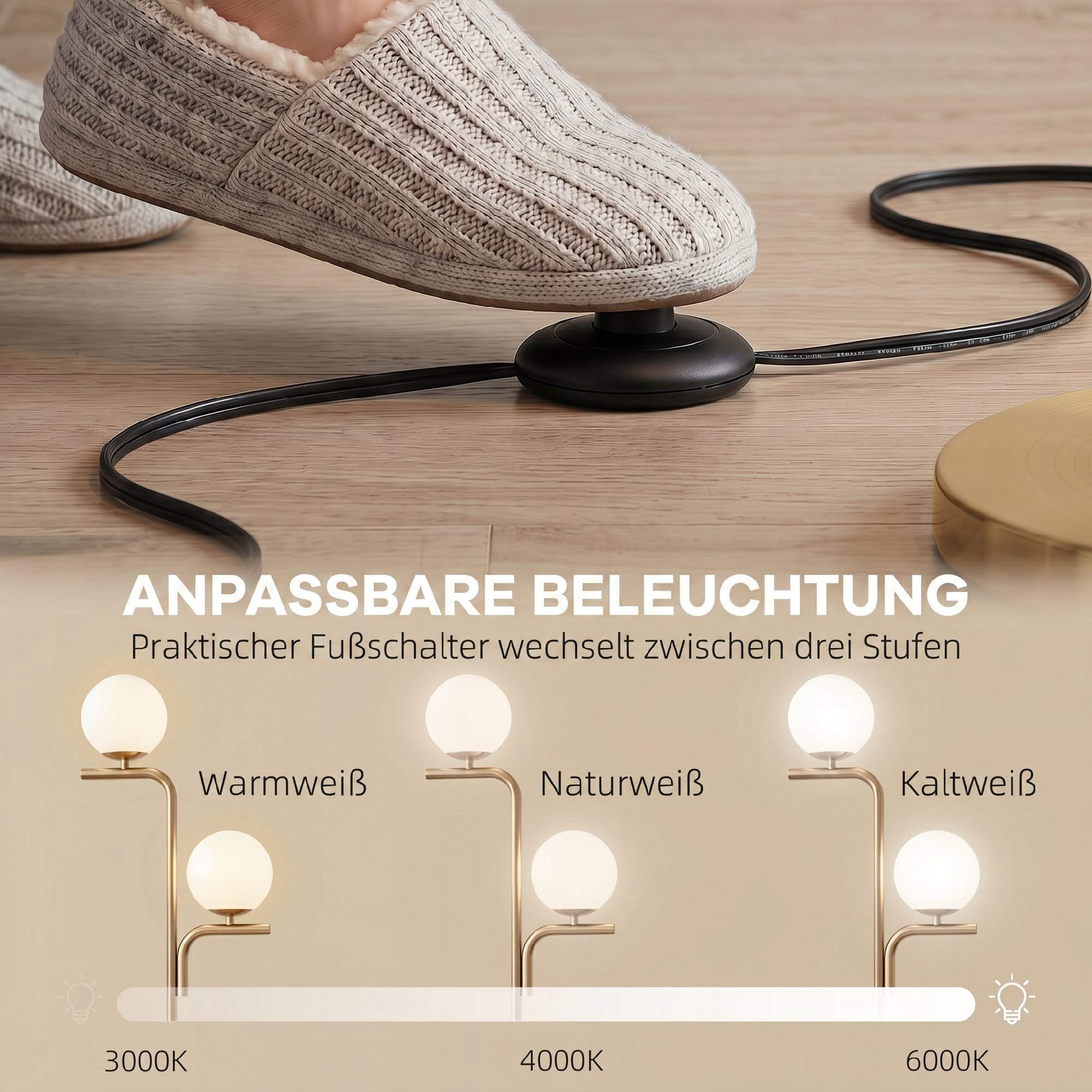 LED-golvlampa, 3 färgtemperaturer, glaskulor, guld